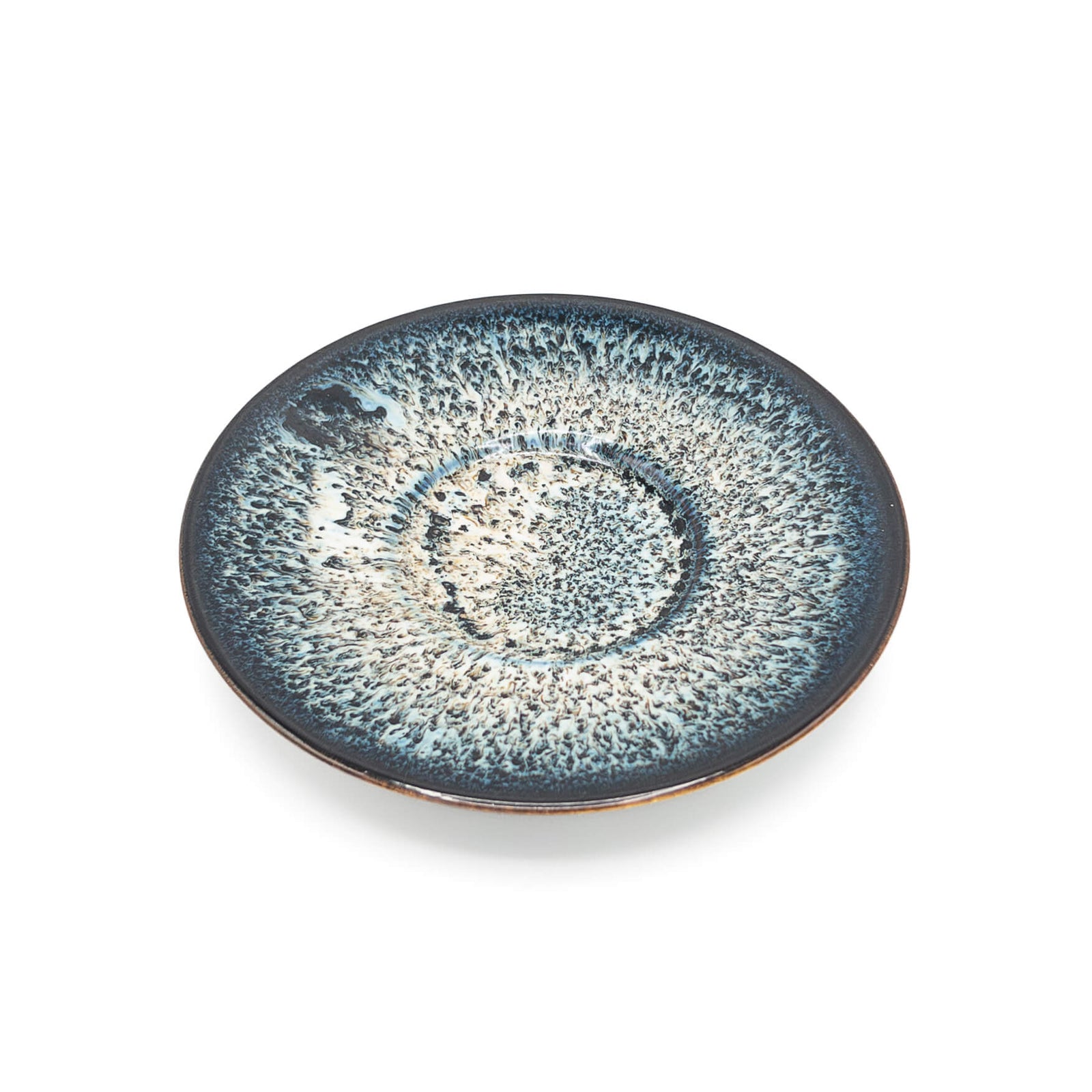Galaxy Huaning Gaiwan saucer showing crystalline blue and purple glaze pattern