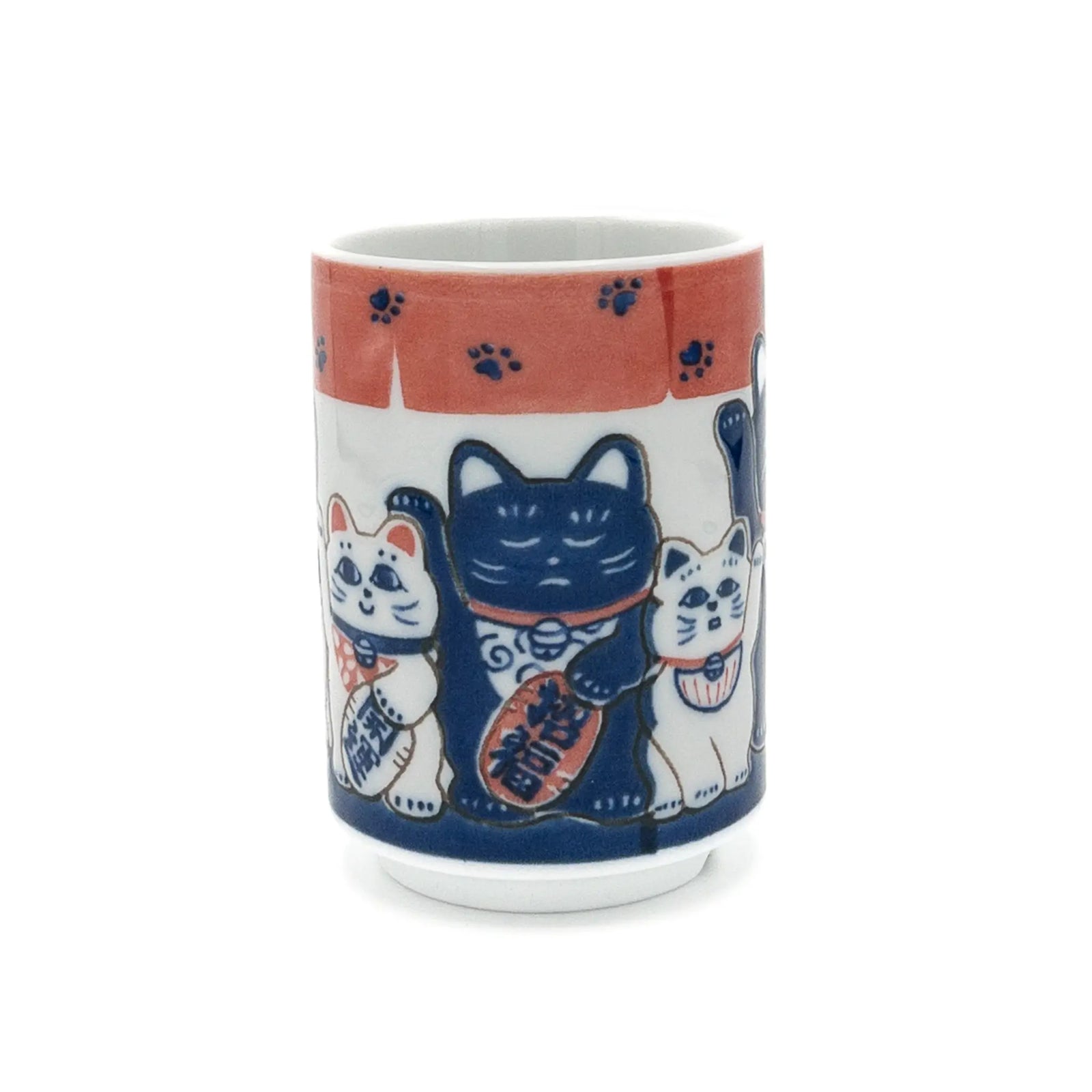 Ceramic mug with Maneki Neko cat design on a white background
