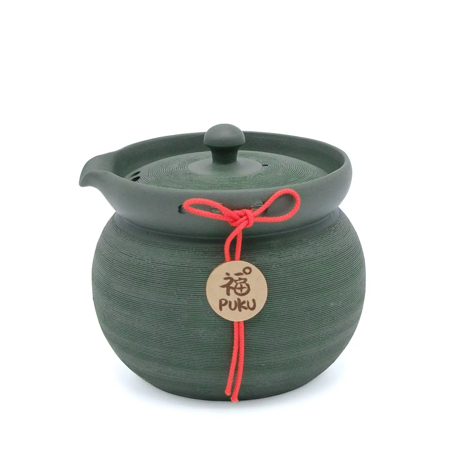 Side view of the green PUKU kyusu showing the fine combed lines around the rounded body