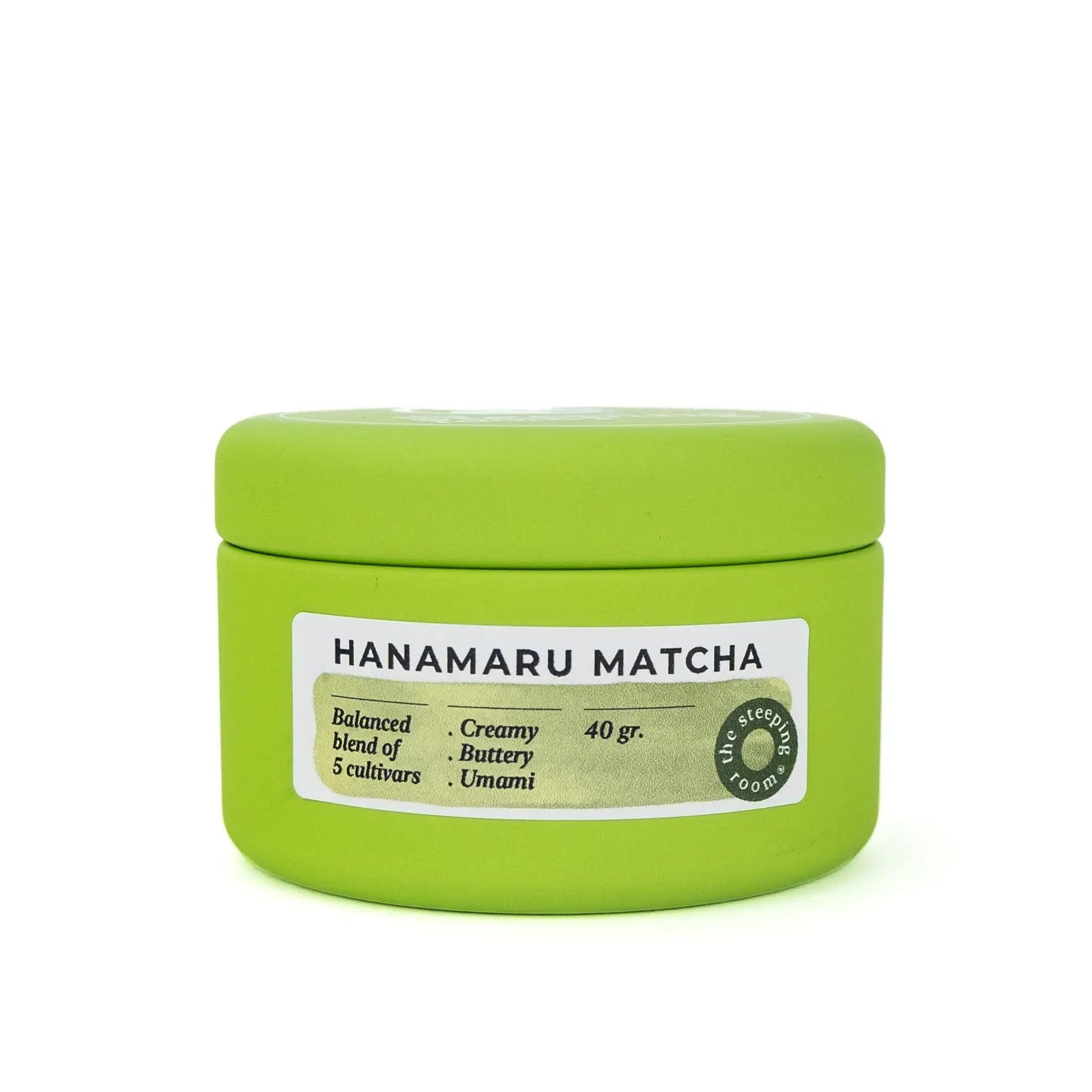 A bright lime green can of Hanamaru Ceremonial Matcha with a white label, set against a plain white background.