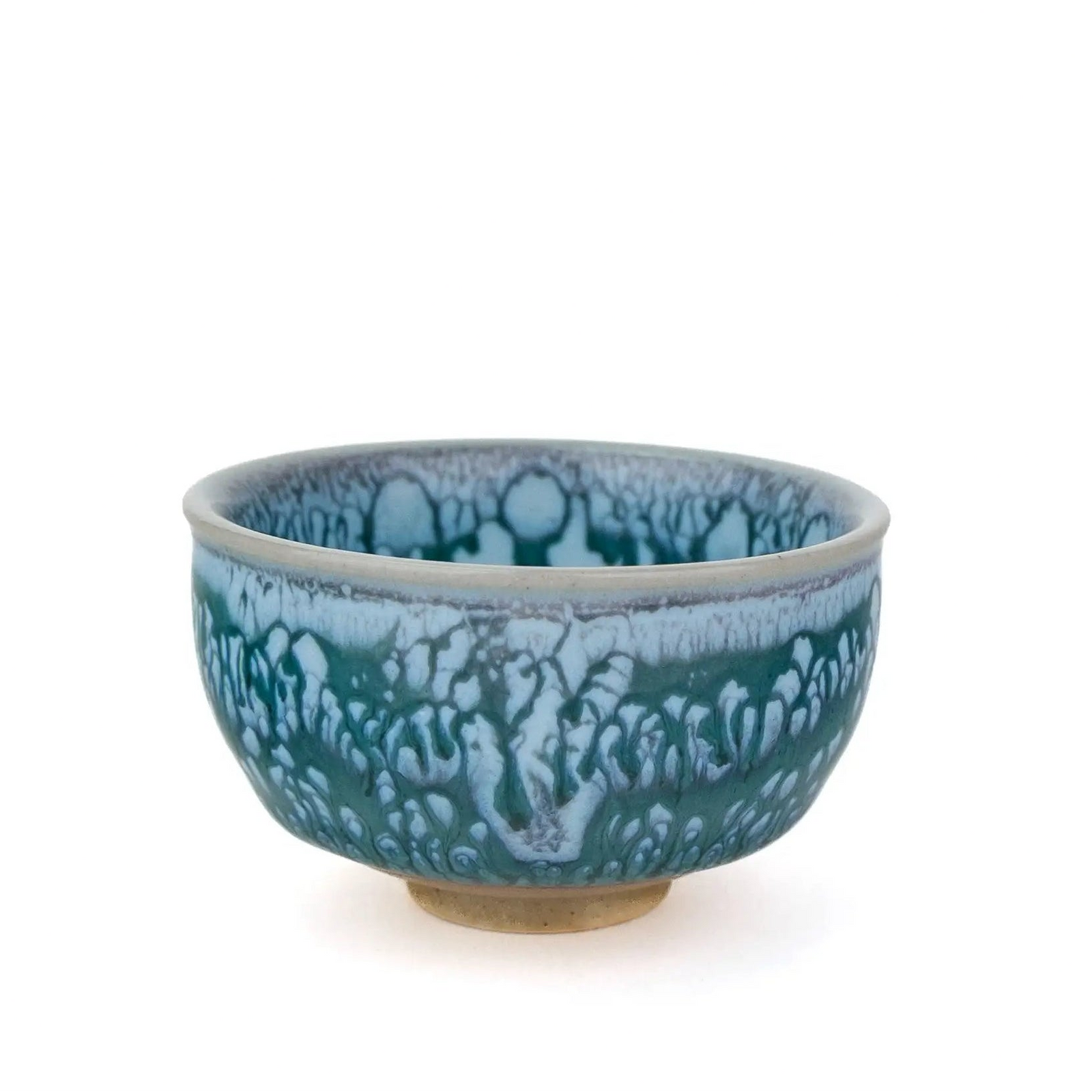 Huaning handmade cup #328, side with a large pale drip in the blue and green glaze, rim and interior visible