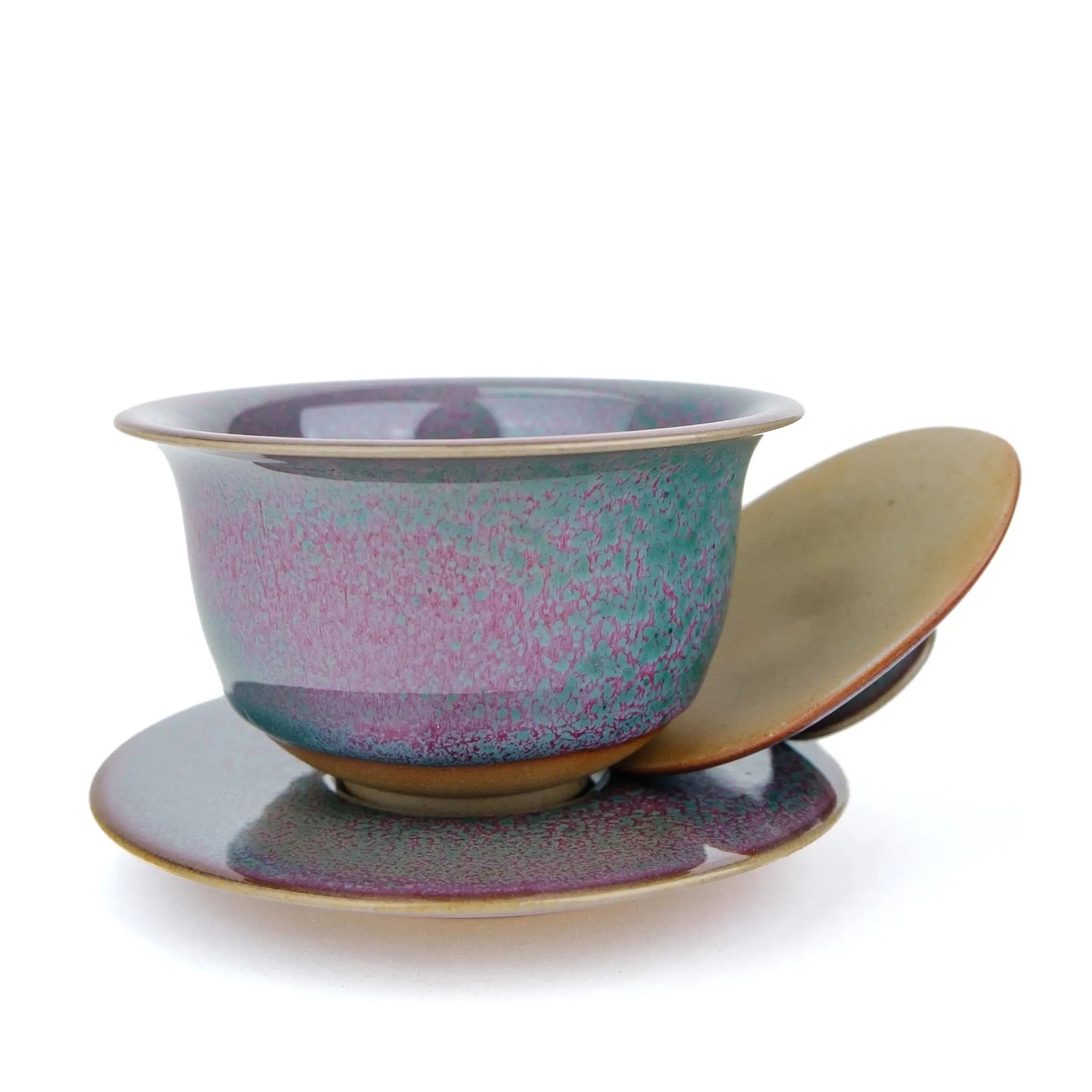 Huaning Handmade Gaiwan for Gong Fu Tea with a pink and green glaze - view from the side with the lid off