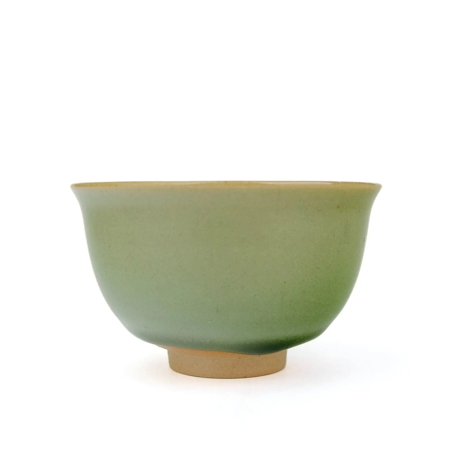Huaning handmade cup #344 with a softly flared rim and smooth green glaze that deepens toward the unglazed foot