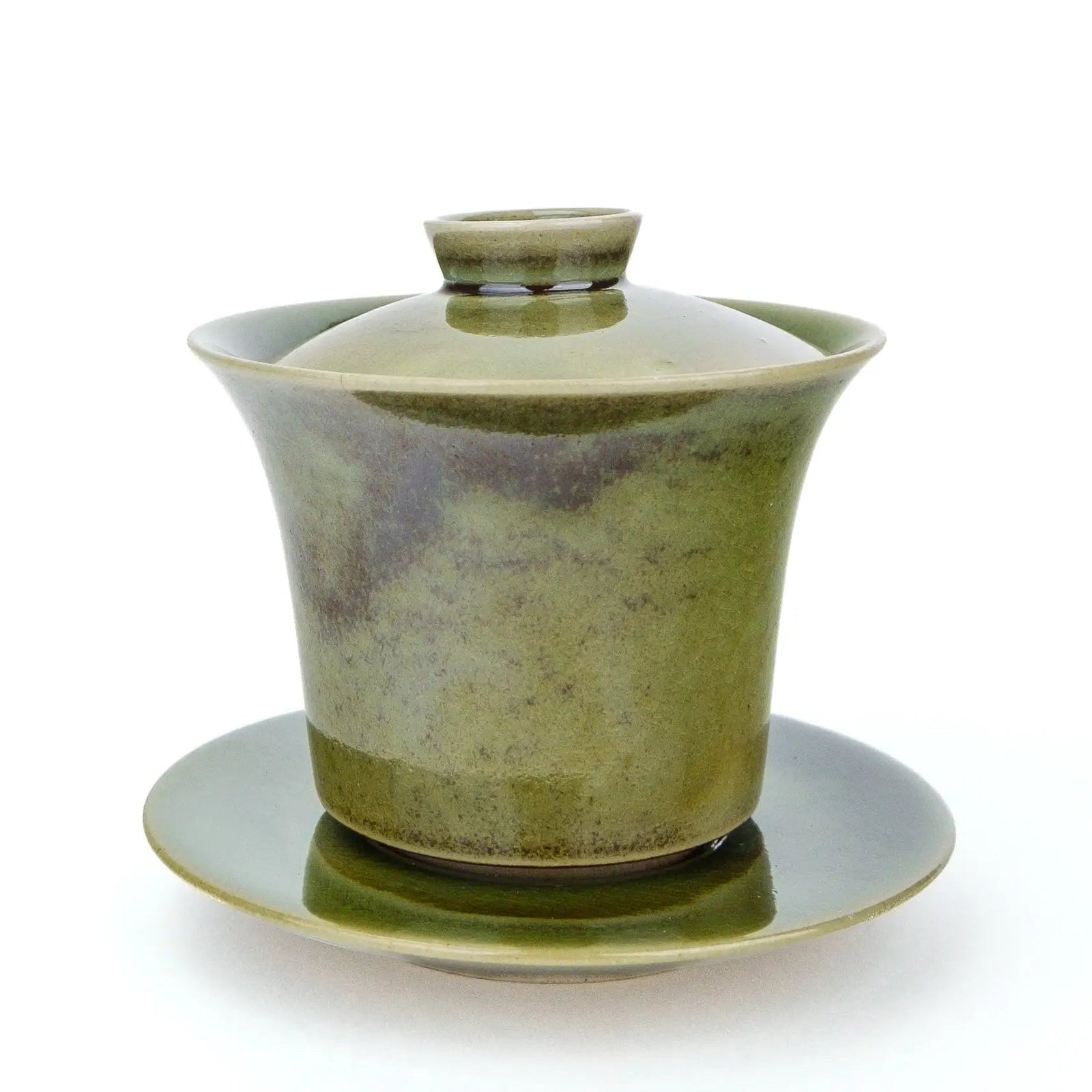 Huaning handmade gaiwan #426 with lid and saucer, green glaze with faint purple clouding near the rim