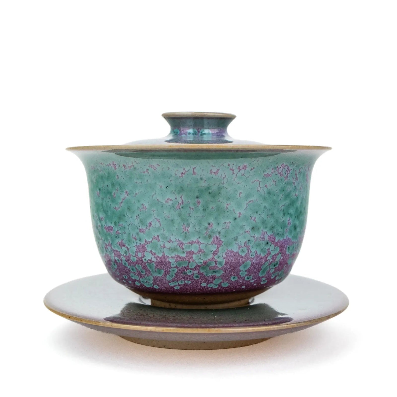 Huaning handmade gaiwan #501 with lid and saucer, speckled green glaze with pink toward the base