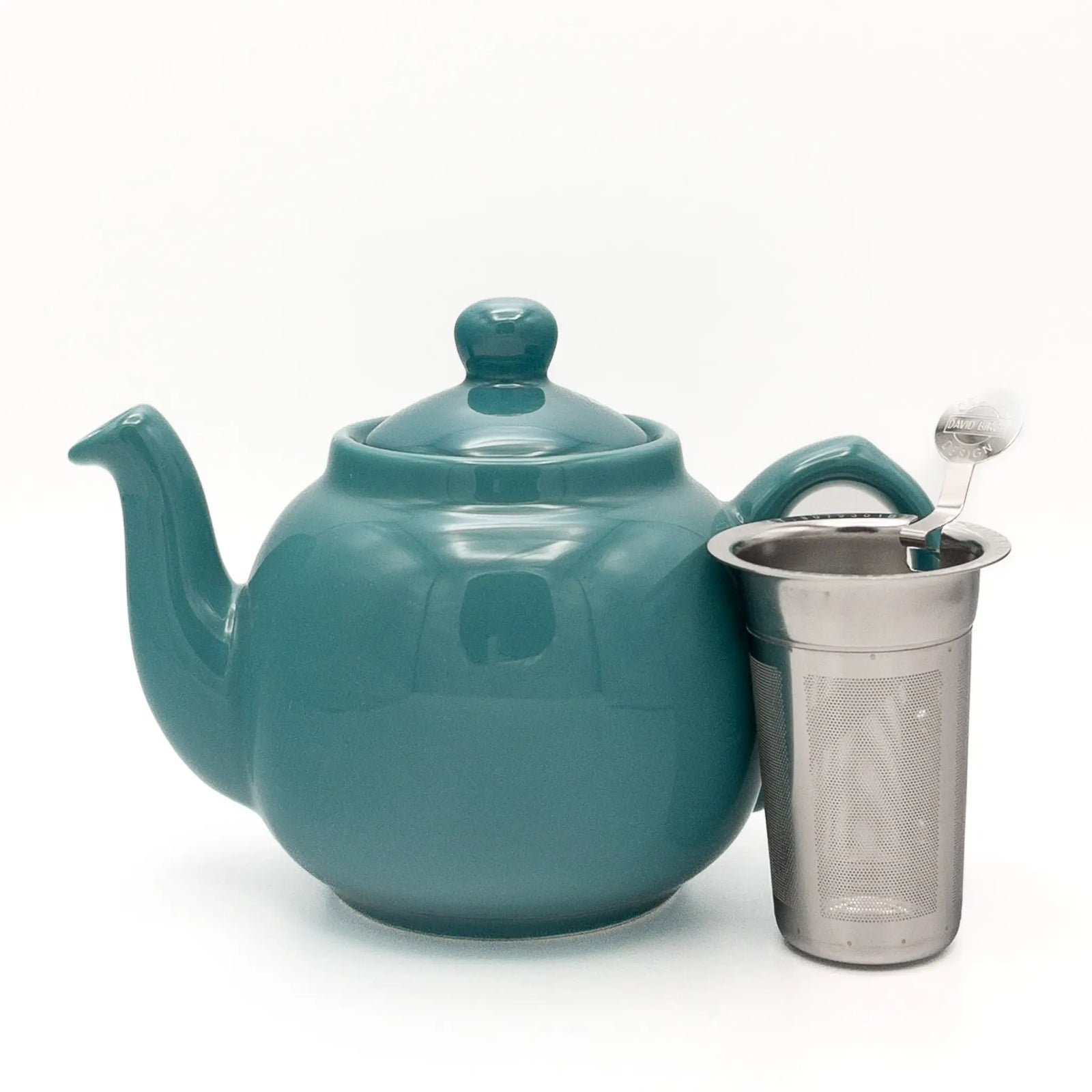 Aqua ceramic teapot with a metal tea infuser on a white background