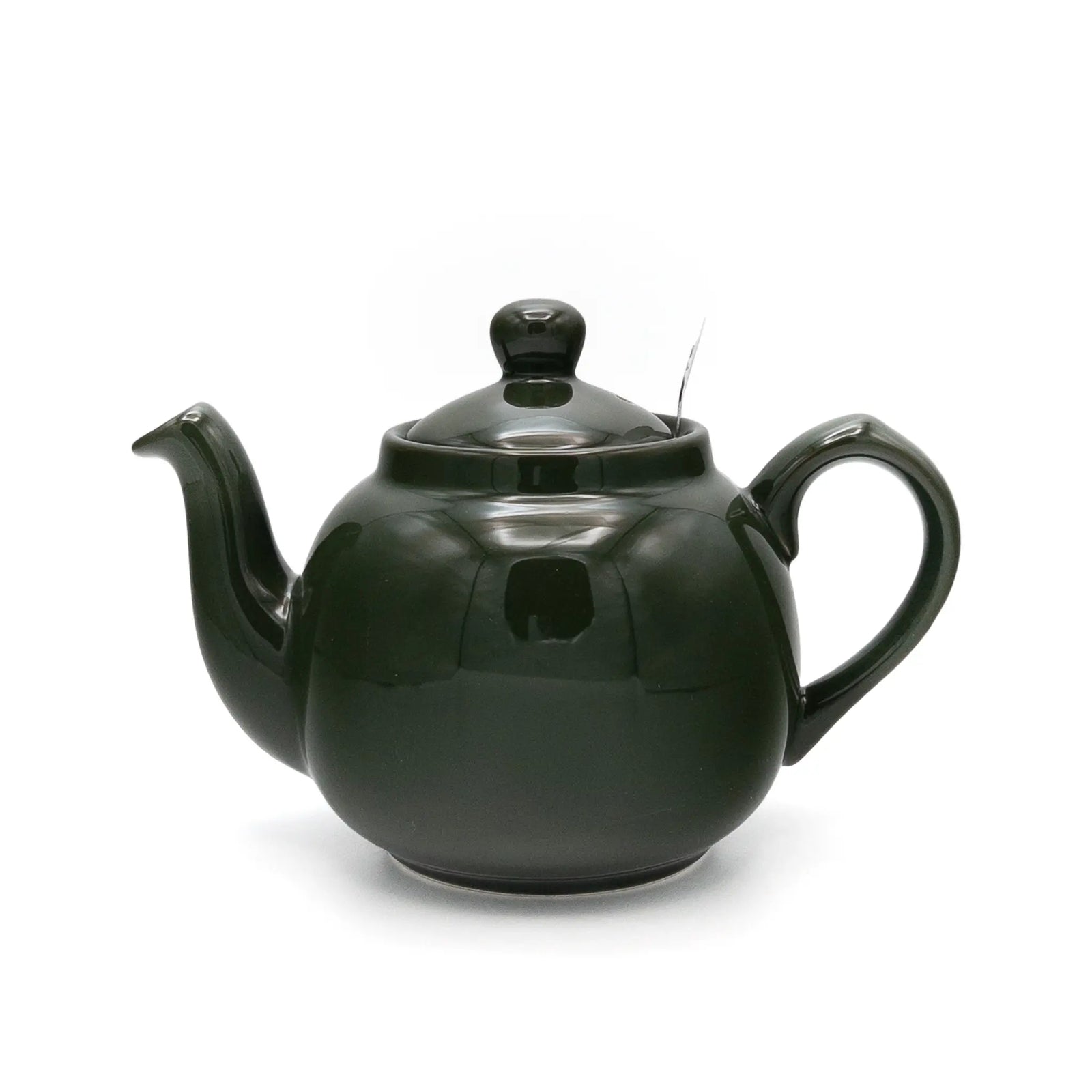 A glossy dark green ceramic teapot with a matching lid, shown on a plain white background.