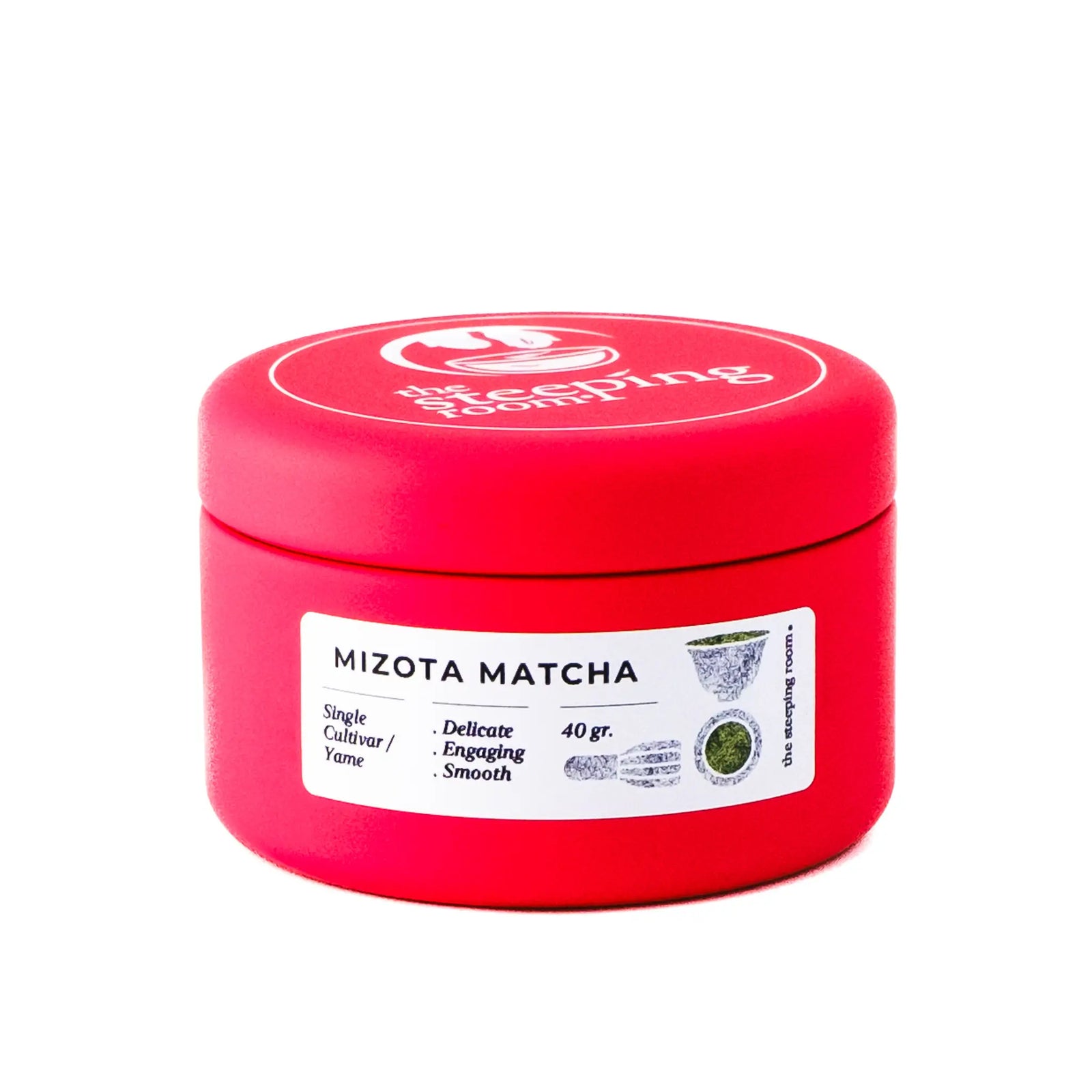 Red tin of Mizota Single Cultivar Matcha on a red background