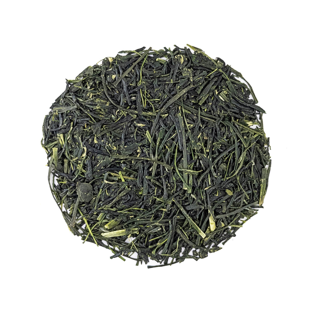 green Yame sencha tea leaves on a white background
