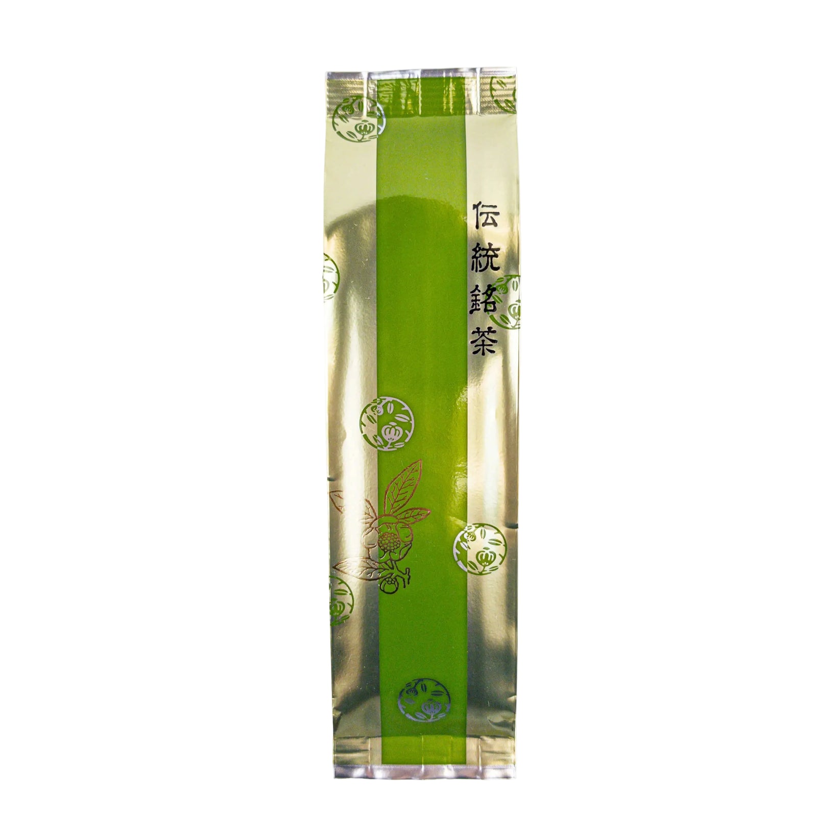 Green tea packaging with Japanese text on a white background - Organic Genmaicha with Matcha