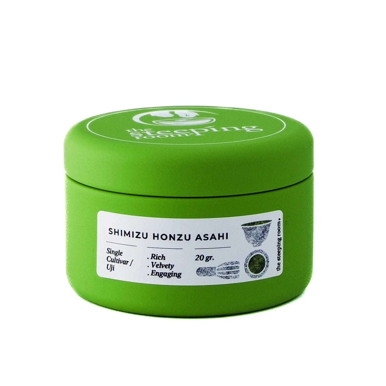 Green can of Shimizu Honzu Asahi single cultivar matcha on a white background