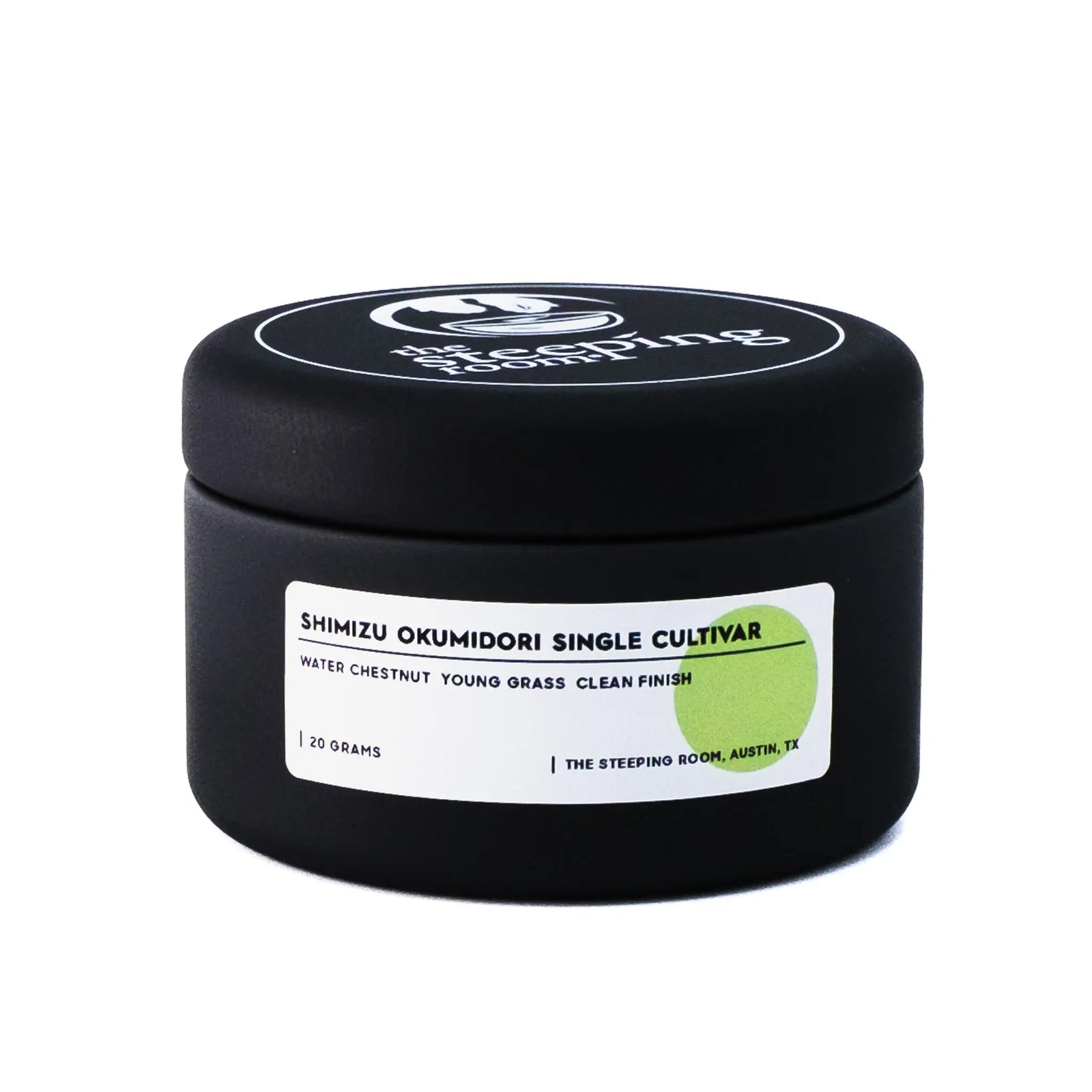 Black can of Shimizu Okumidori Single Cultivar Matcha on a white background