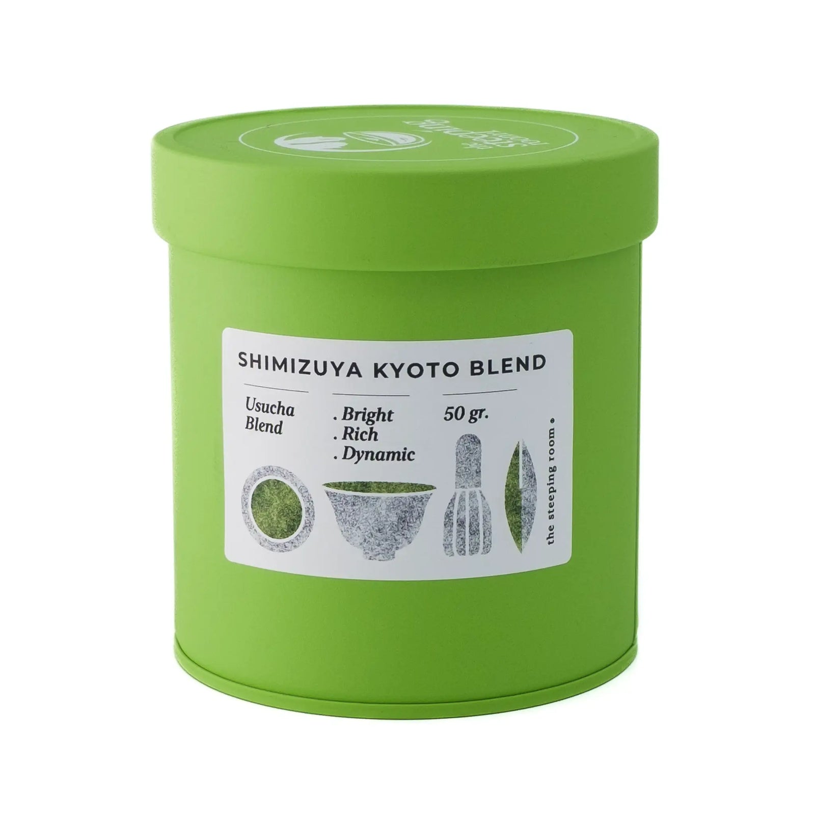 Shimizuya Kyoto Blend Matcha in a green can on a white background