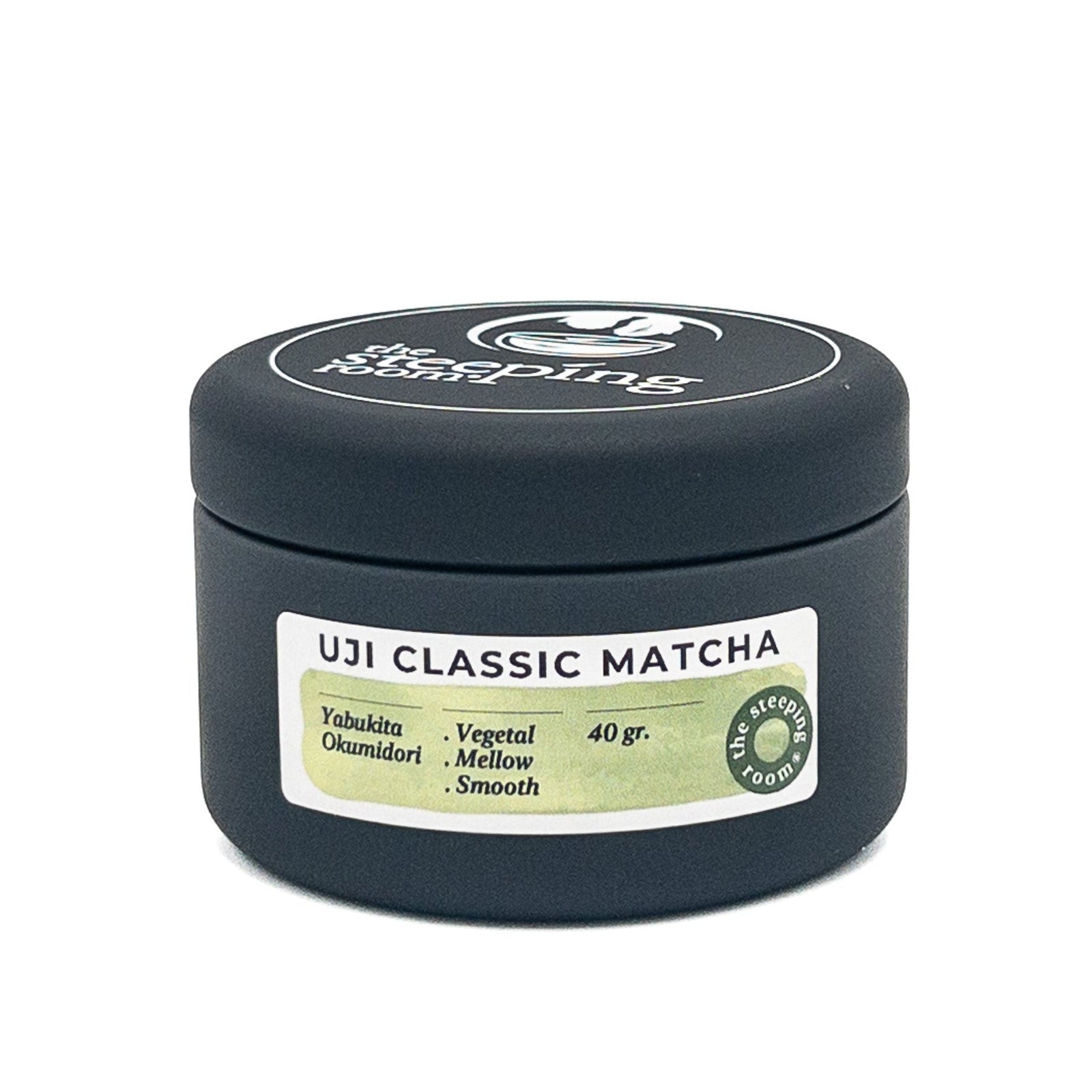 Black container of Uji Classic Matcha with a label on a white background