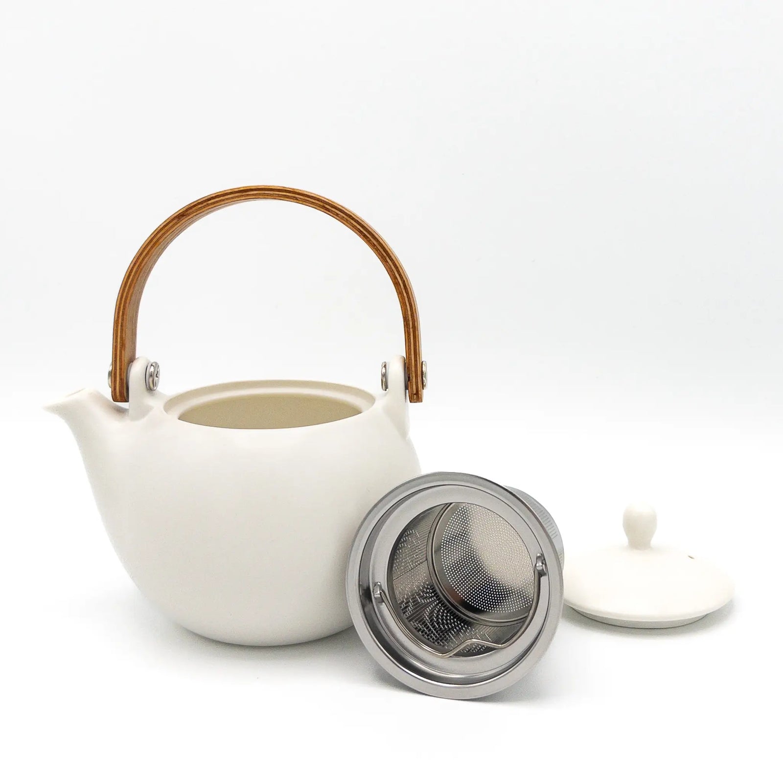 White teapot with a wooden handle on a white background