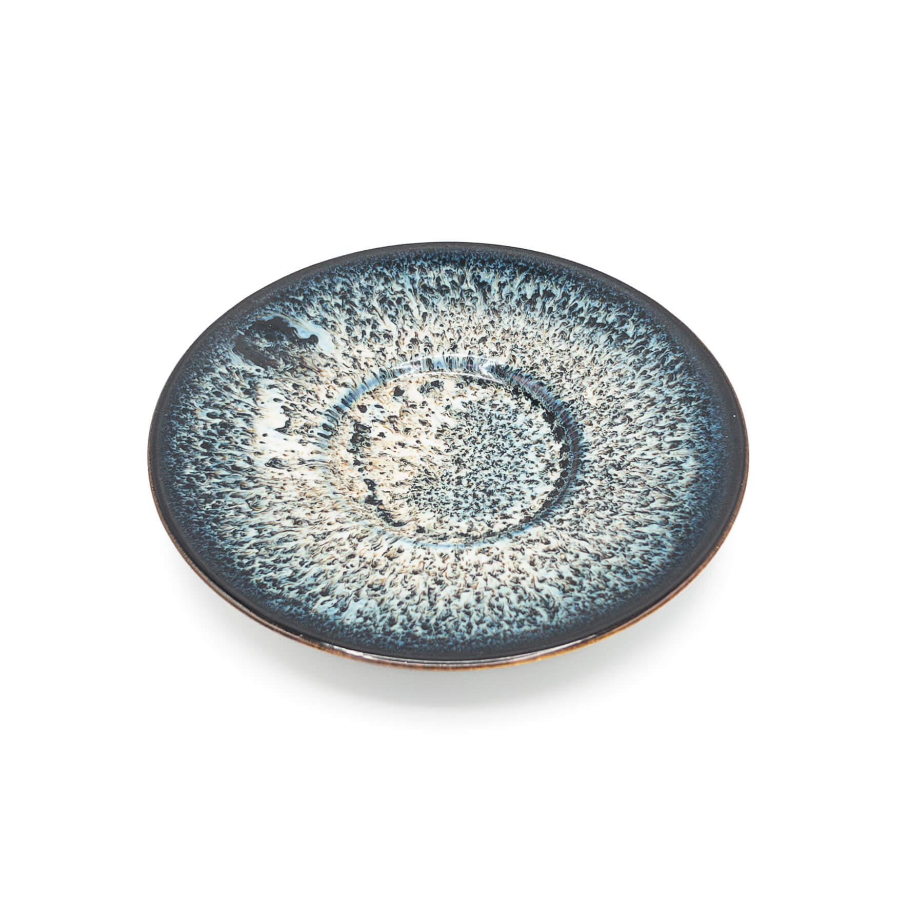 Galaxy Huaning Gaiwan saucer showing crystalline blue and purple glaze pattern
