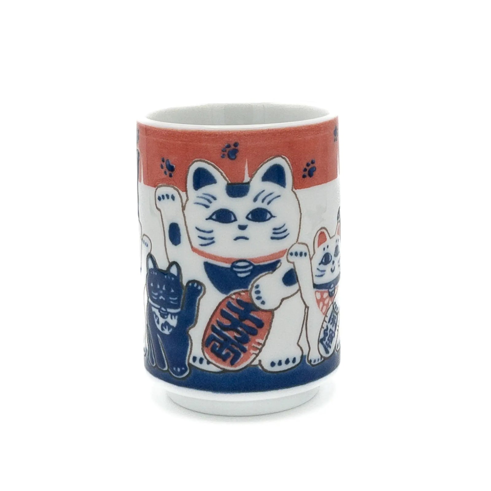 Ceramic mug with a design of a cat on a red and blue background