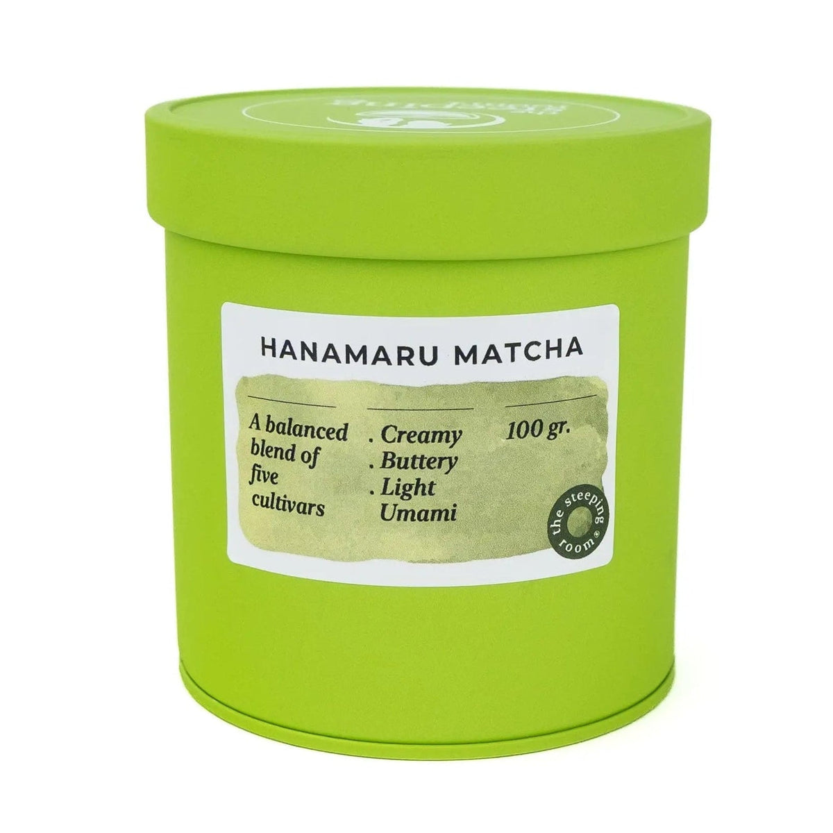 A bright lime green cylindrical container of Hanamaru Ceremonial Uji Matcha, featuring a white label with product details, set against a plain white background.
