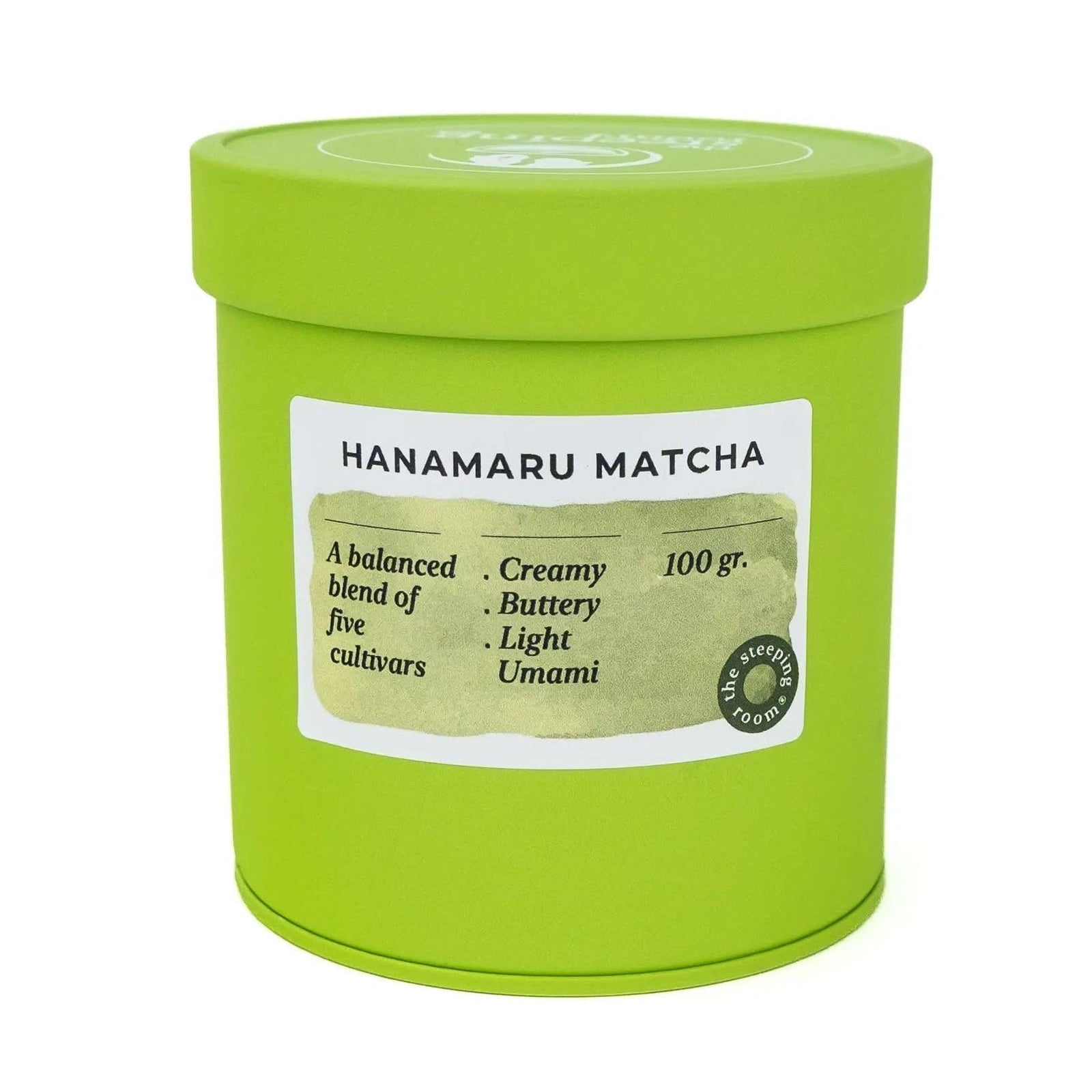 A bright lime green cylindrical container of Hanamaru Ceremonial Uji Matcha, featuring a white label with product details, set against a plain white background.