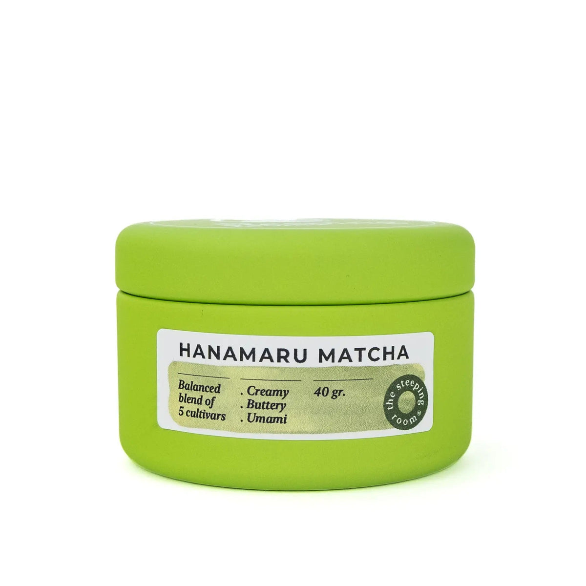 A bright lime green can of Hanamaru Ceremonial Matcha  with a white label, set against a plain white background.