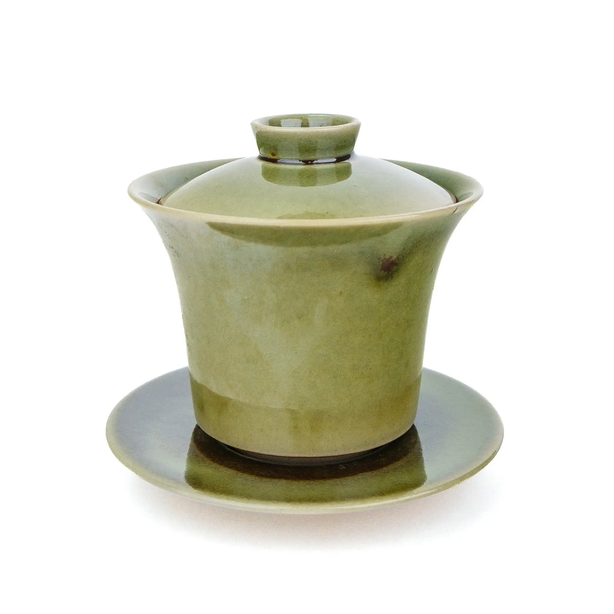 Handmade Green Glazed Huaning Pottery Gaiwan for Gong Fu Tea - side view on a white background, slightly raised to show the lid better