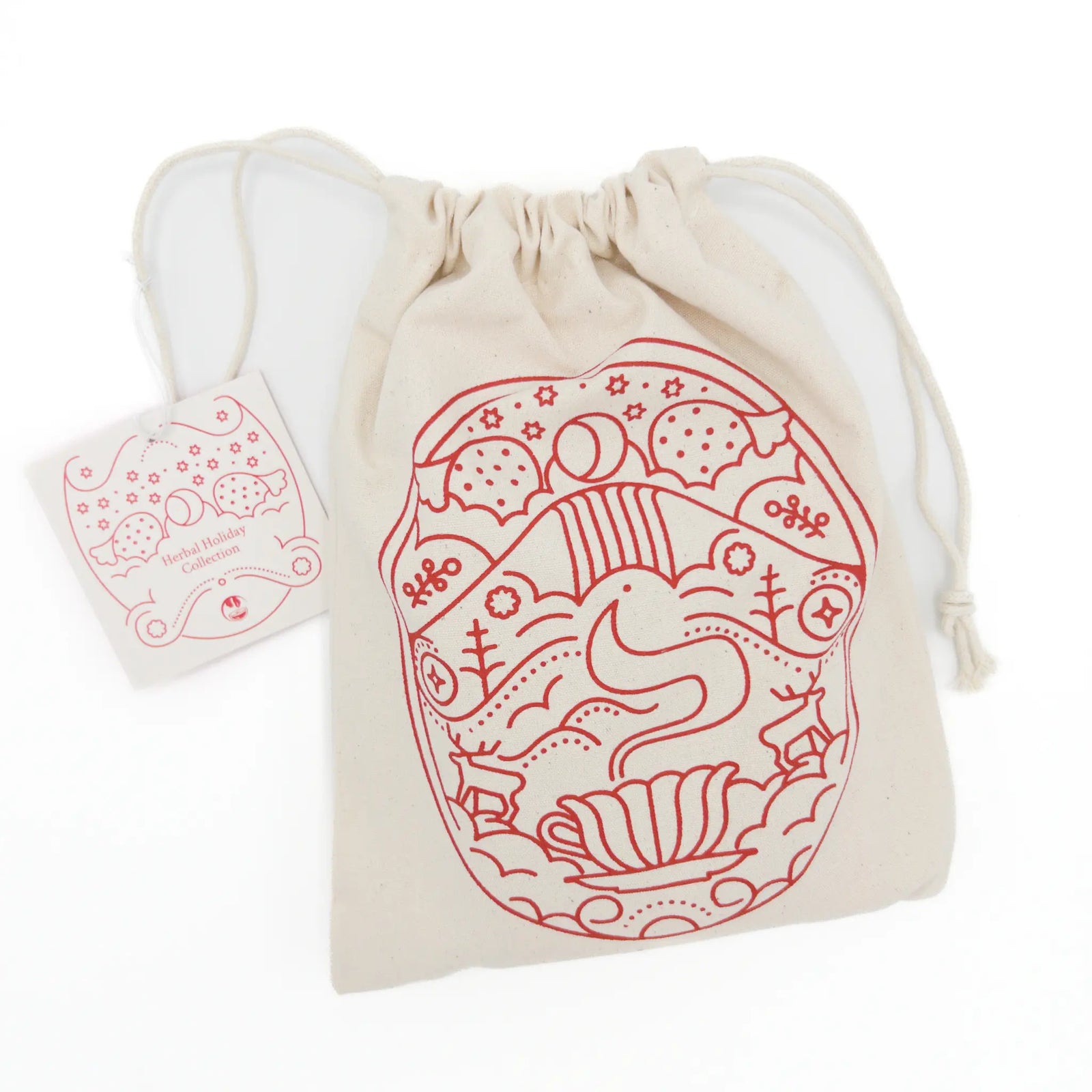 Drawstring bag with red design and small pouch on a white background - Herbal Holiday Tea Trio Gift Set
