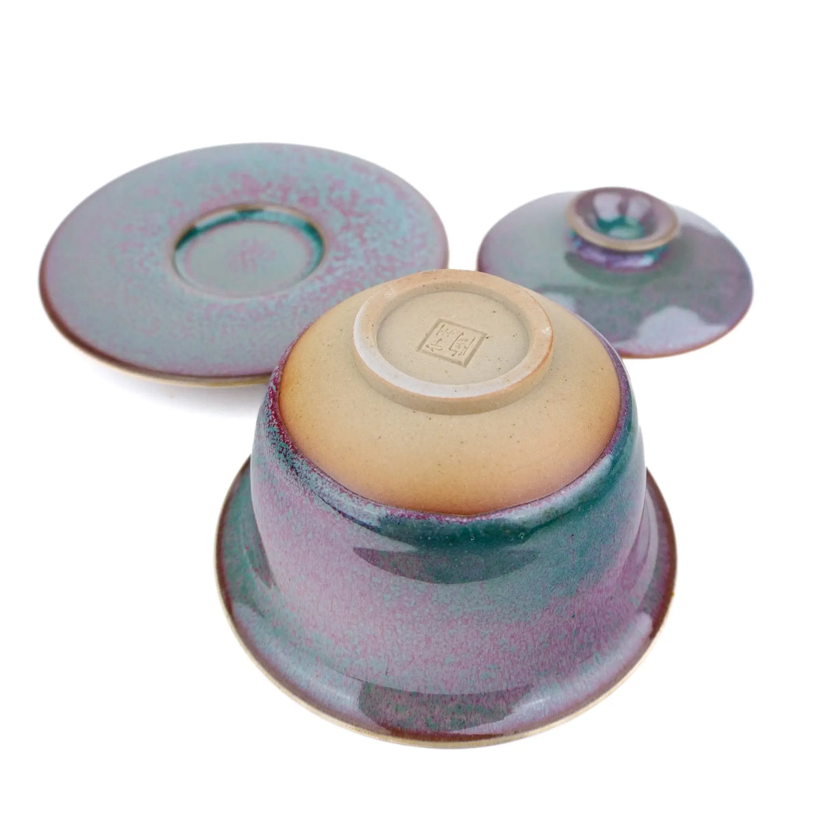 Huaning Handmade Gaiwan for Gong Fu Tea with a pink and green glaze - underside view