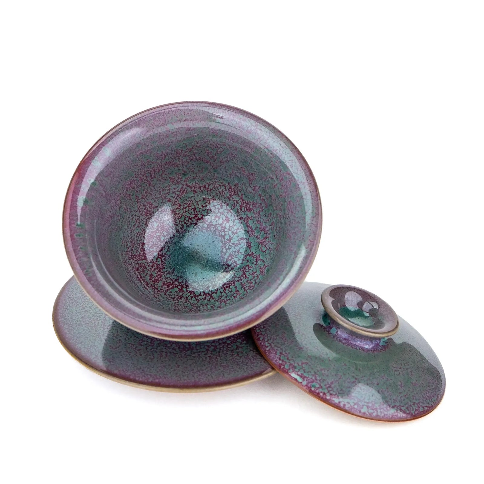 Huaning Handmade Gaiwan for Gong Fu Tea with a pink and green glaze - lid off to show the inside of the bowl