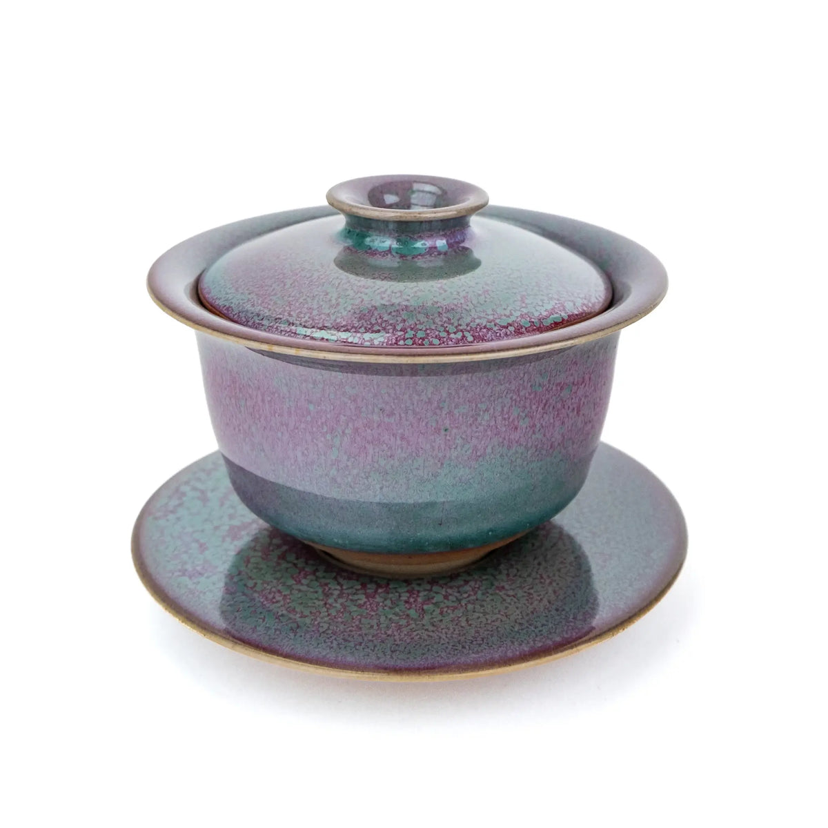 Huaning Handmade Gaiwan for Gong Fu Tea with a pink and green glaze - slightly above view to see the lid