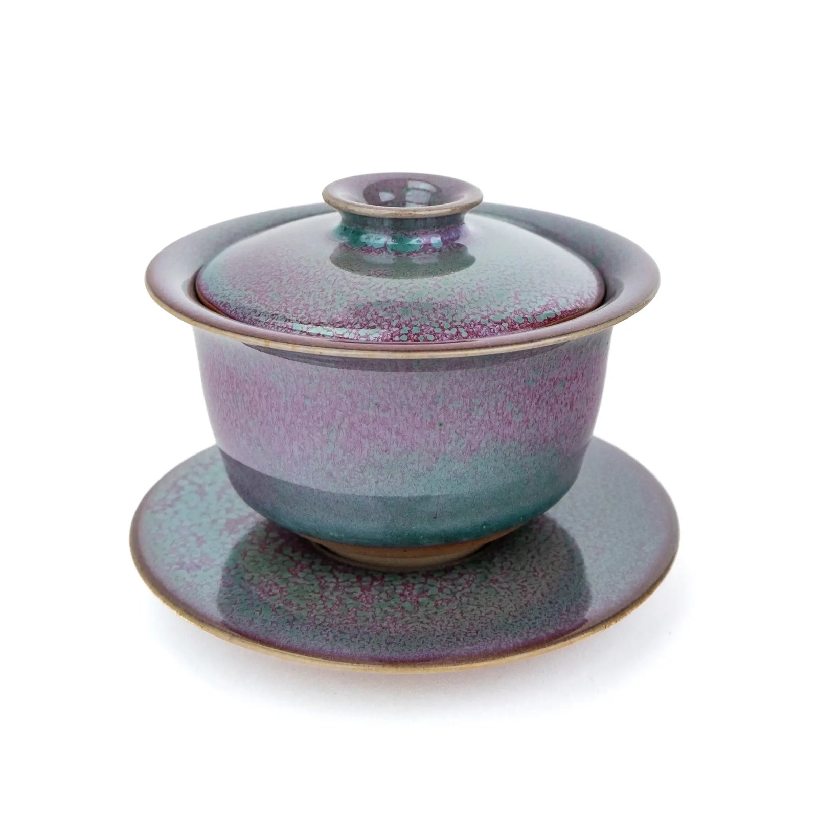 Huaning Handmade Gaiwan for Gong Fu Tea with a pink and green glaze - slightly above view to see the lid