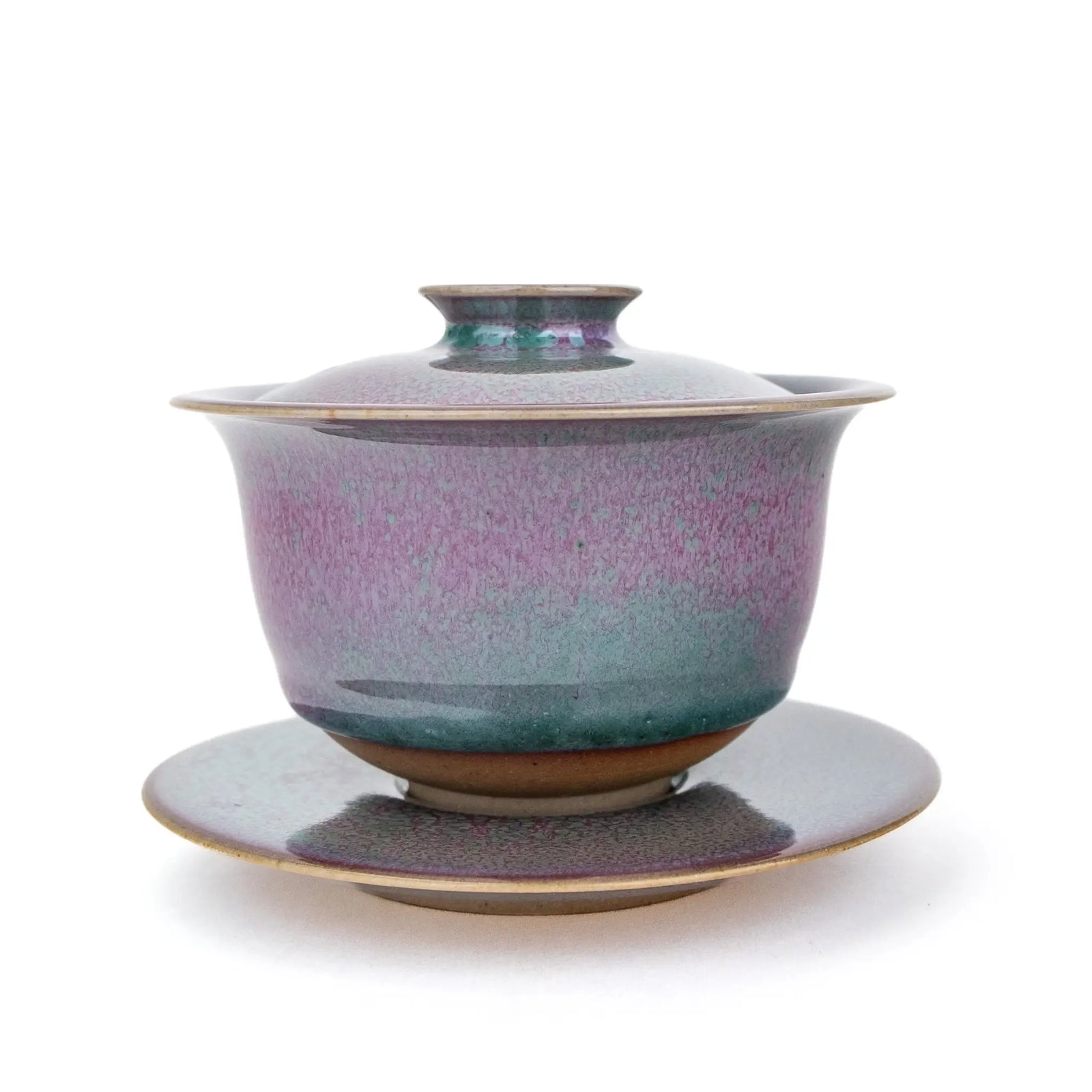 Huaning Handmade Gaiwan for Gong Fu Tea with a pink and green glaze - another side view on a white background