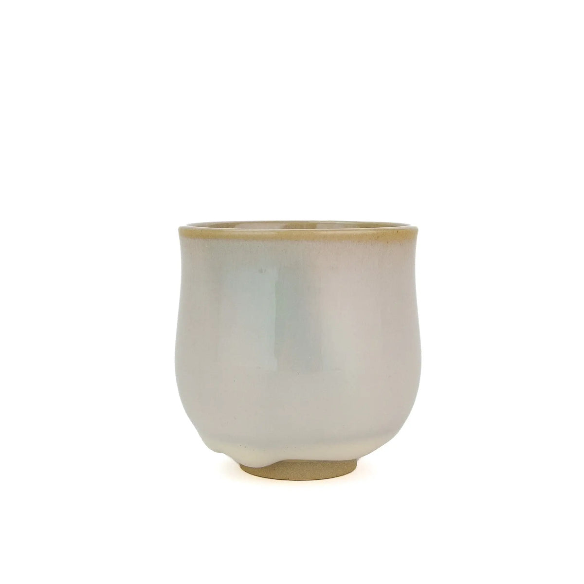 Huaning handmade cup #352, second side, with a soft blue-green streak and white glaze drips at the foot