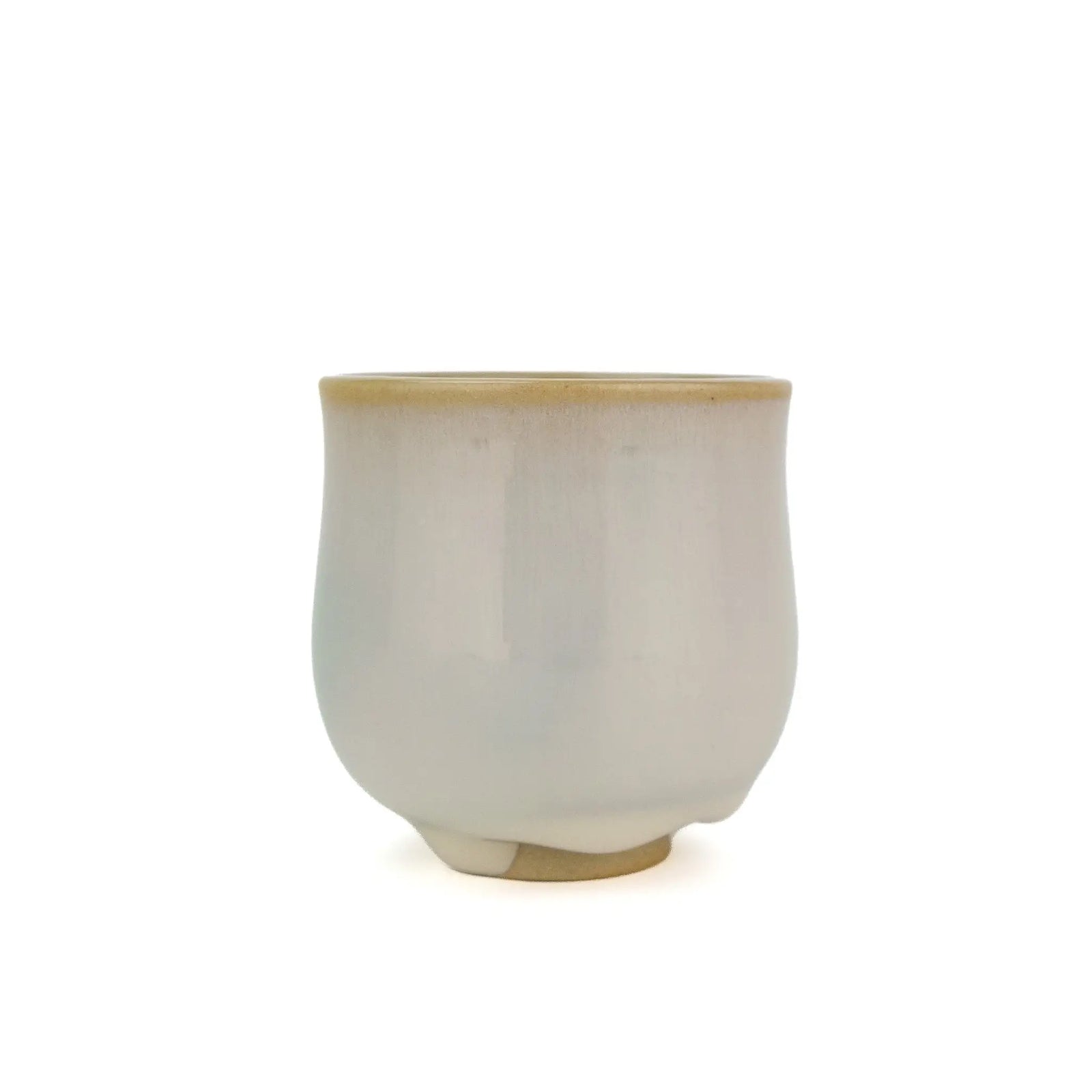 Huaning handmade cup #352, third side, mostly white glaze with a faint blue-green edge
