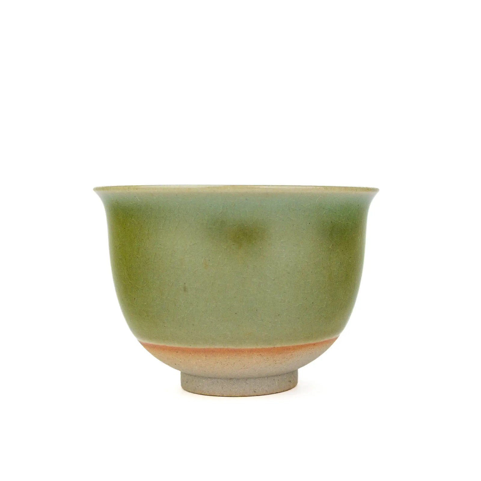 Huaning handmade cup #333, other side, with darker green patches in the glaze