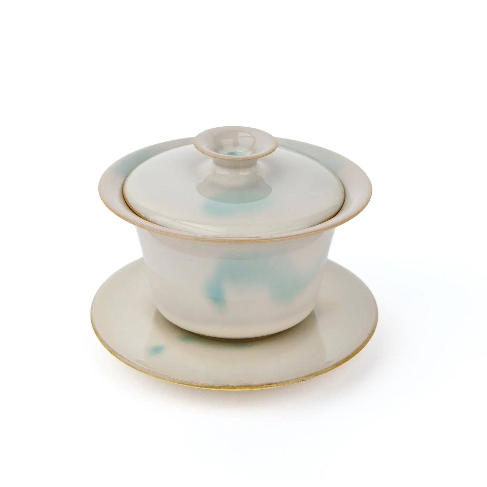 Huaning handmade gaiwan #401 assembled, seen from above, with blue-green marks on the lid, bowl, and saucer