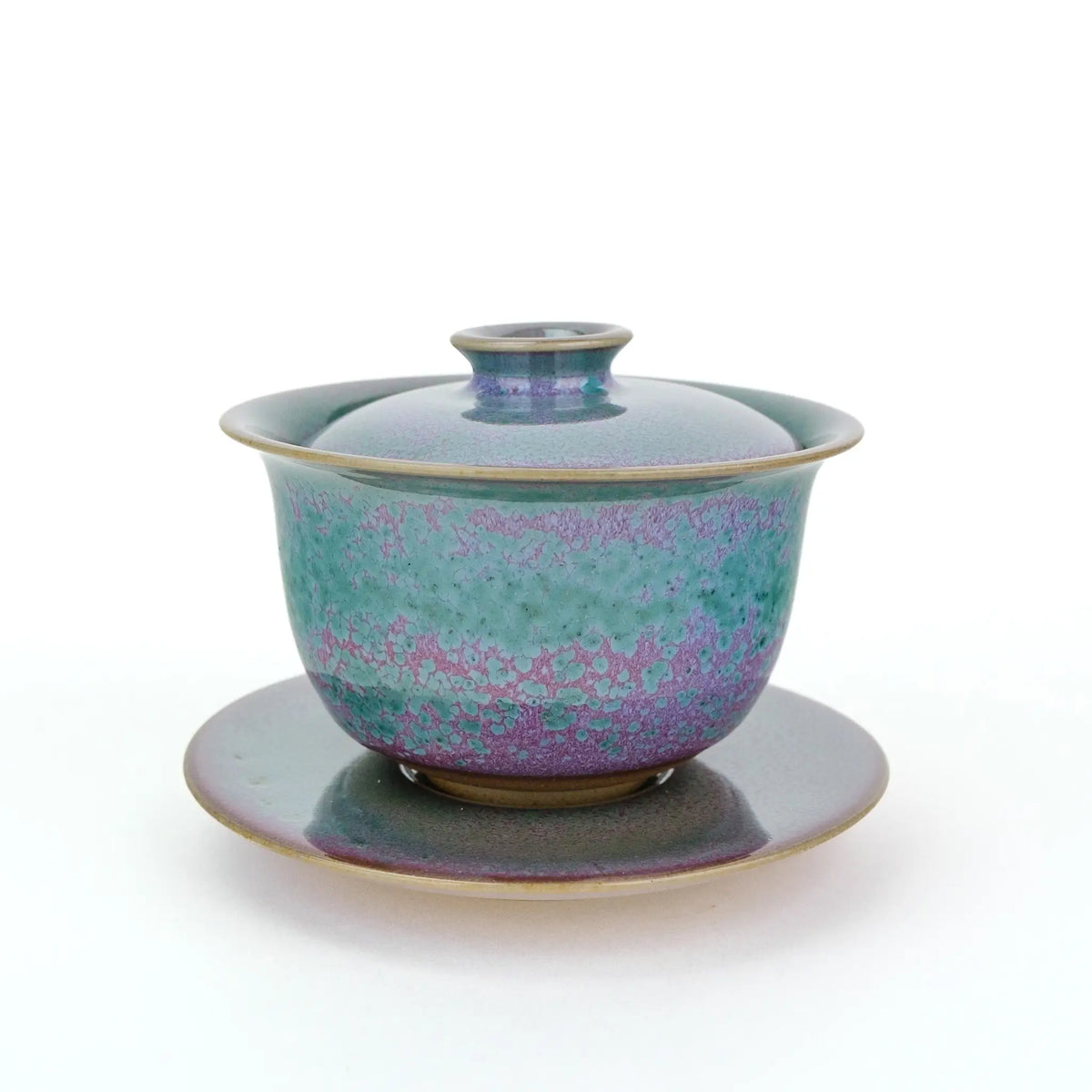 Huaning handmade gaiwan #501 assembled, other side, with pink and green glaze on the lid, bowl, and saucer