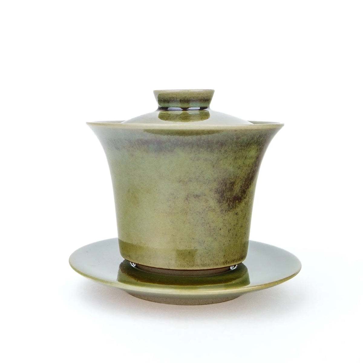 Huaning handmade gaiwan #426 assembled, other side, with soft purple patches in the green glaze