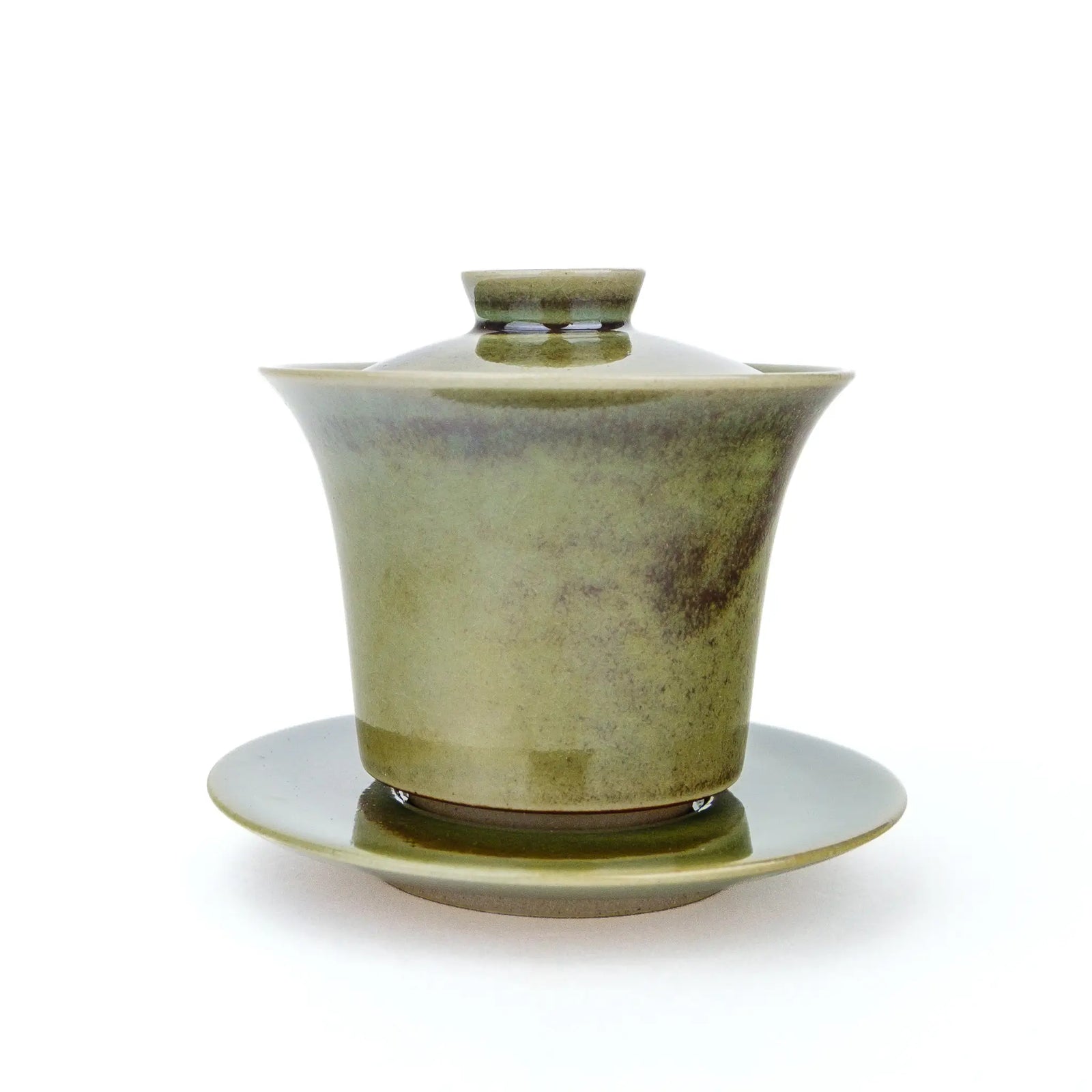 Huaning handmade gaiwan #426 assembled, other side, with soft purple patches in the green glaze