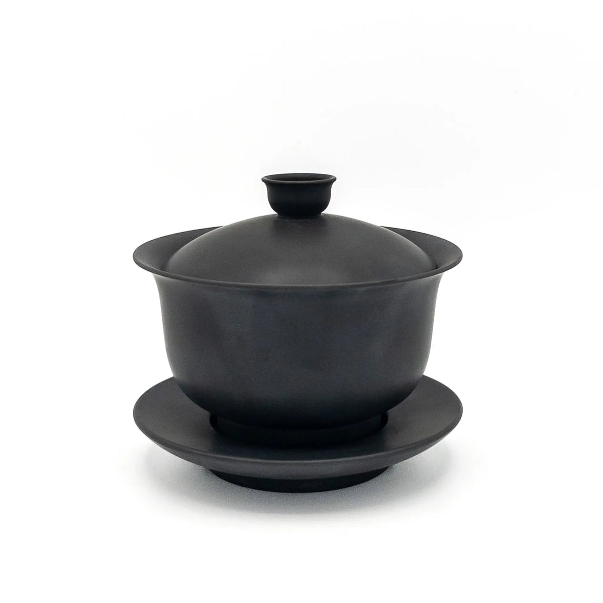 Black gaiwan with lid on a white background