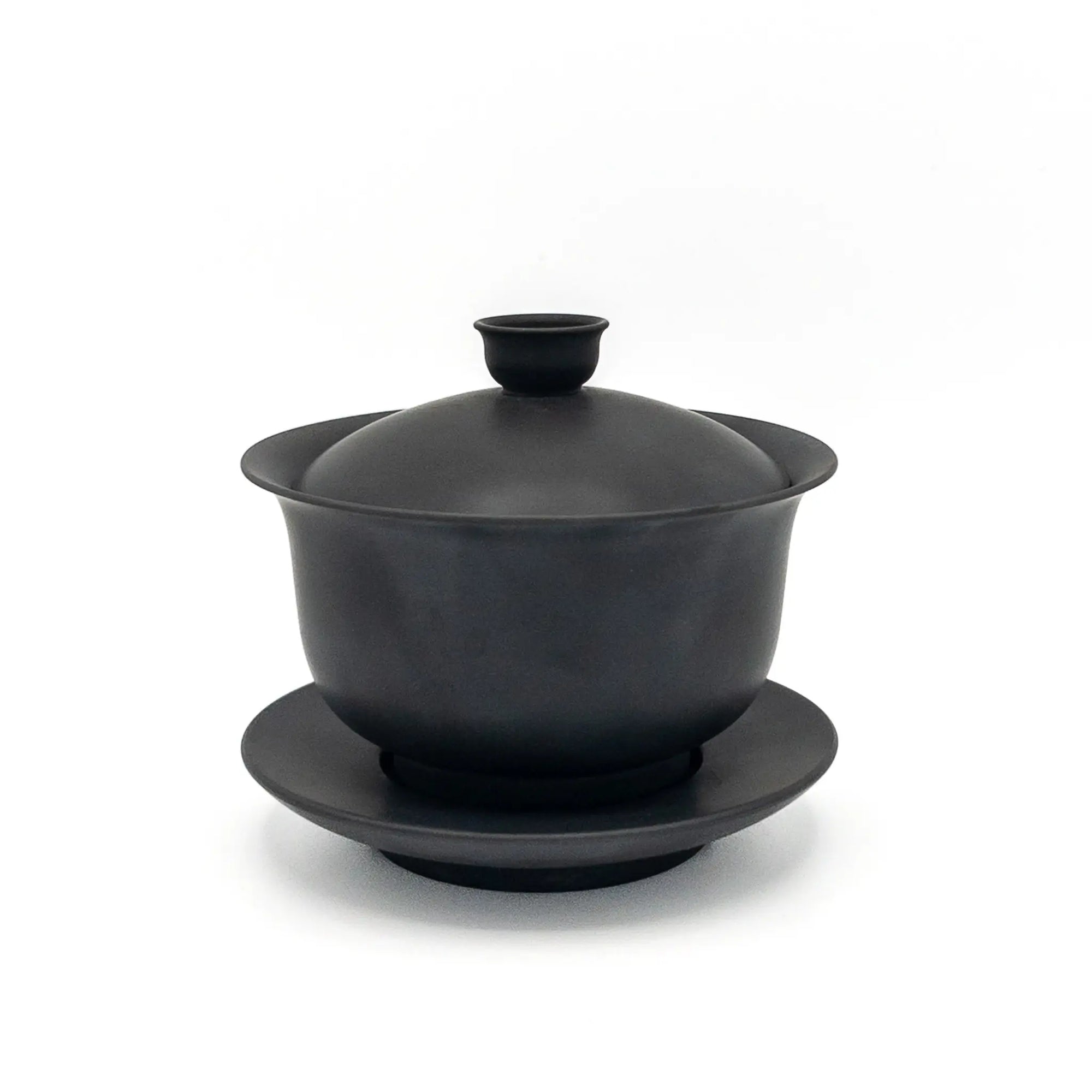 Black gaiwan with lid on a white background