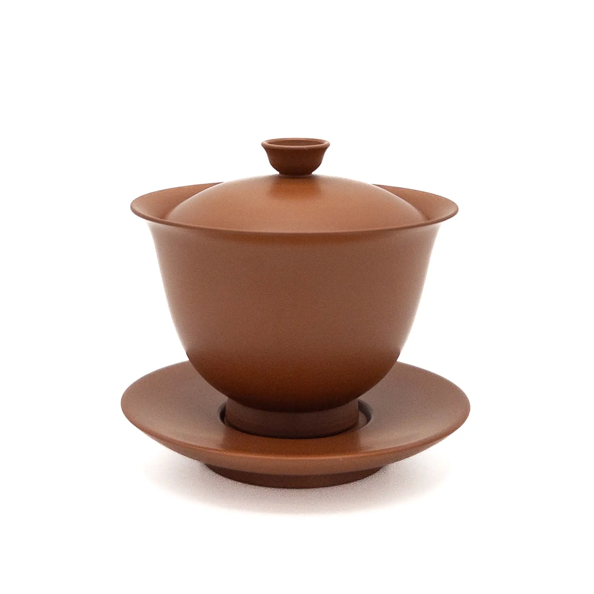 Red/brown gaiwan with lid on a white background