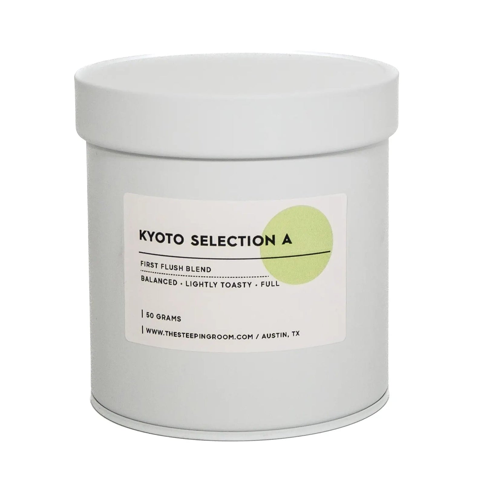 White cylindrical container of ceremonial grade matcha with 'Kyoto Selection A' label on a white background