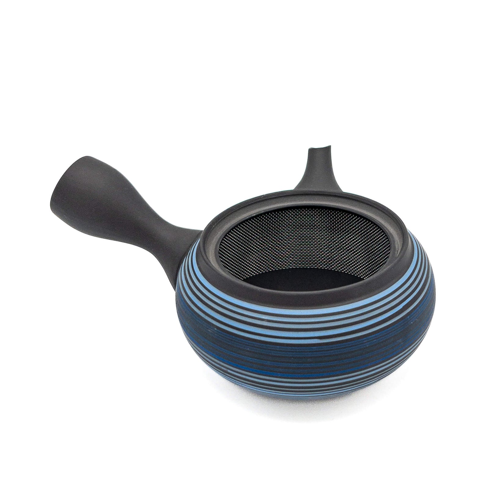 Black and blue striped pot with a stainless steel mesh strainer on a white background