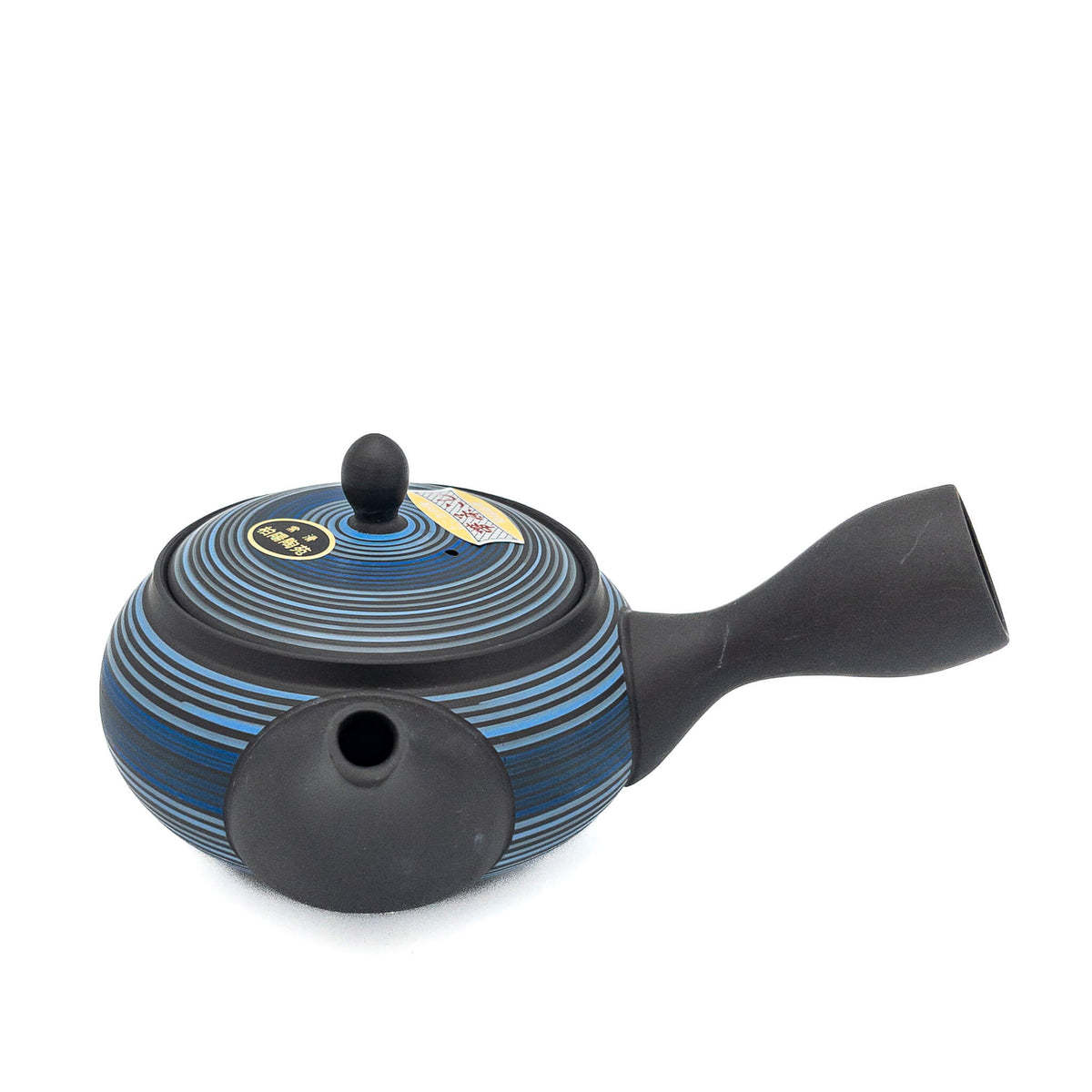 Black and blue striped teapot on a white background
