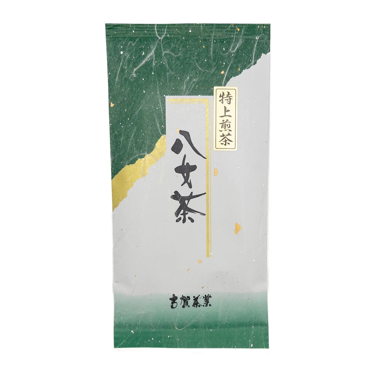 Green, White, and Gold Bag of Yame sencha on a white background