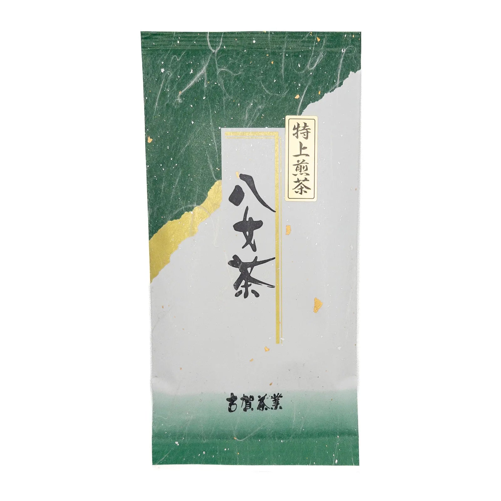 Green, White, and Gold Bag of Yame sencha on a white background