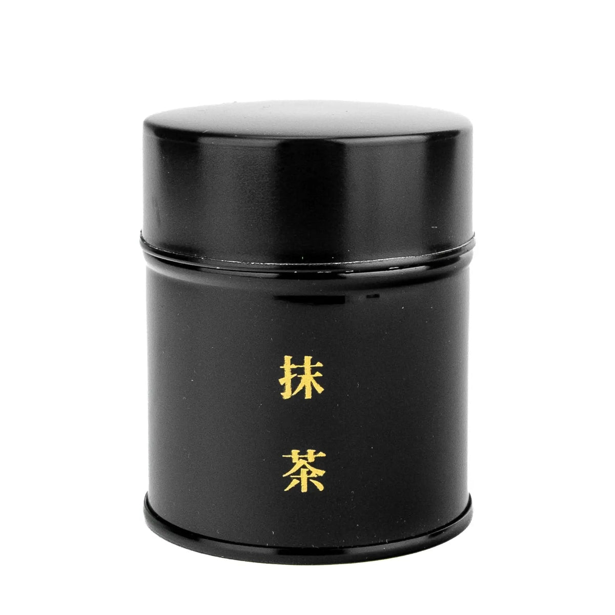 Black 40 gram matcha tin with gold 抹茶 characters on the front