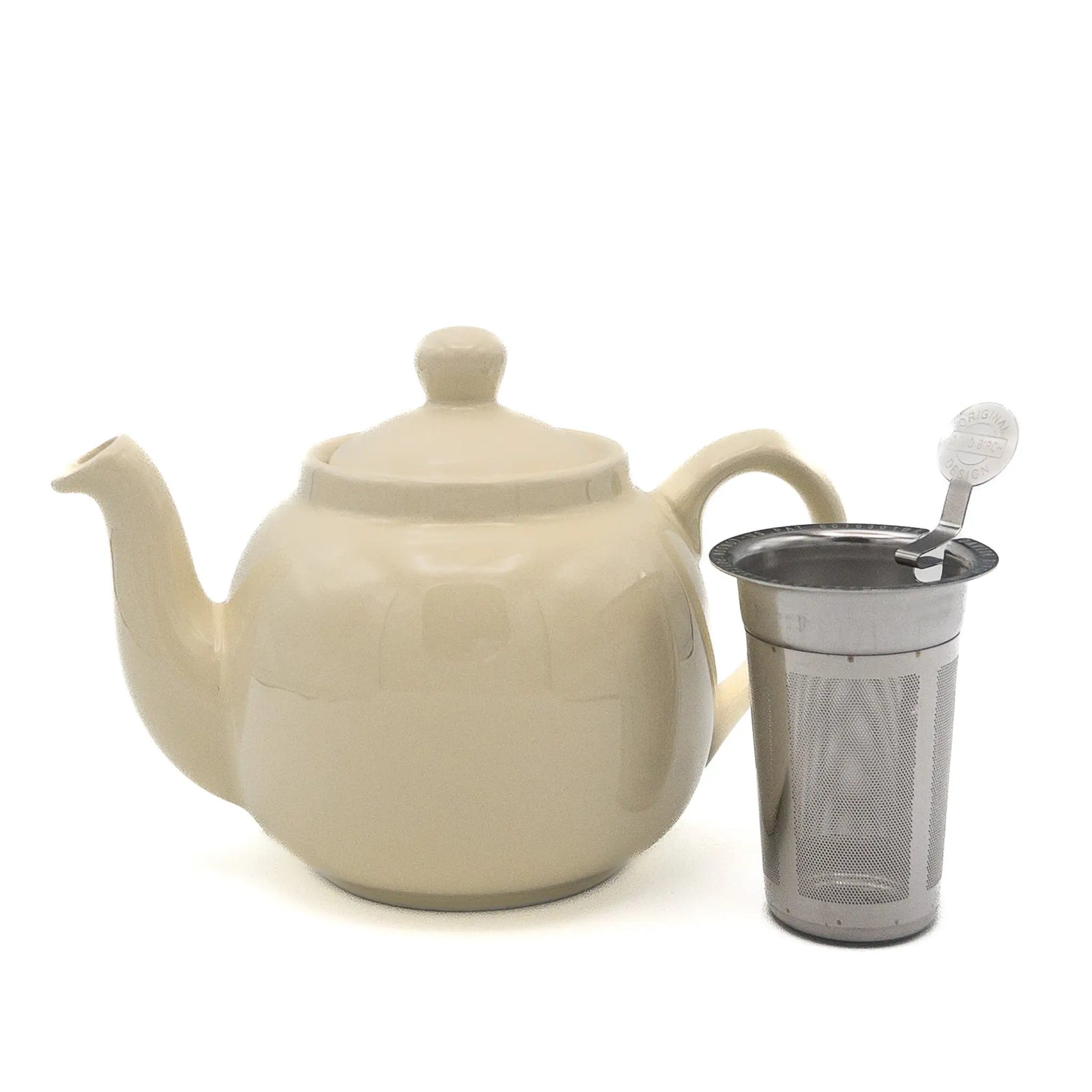 Ivory ceramic teapot with a metal tea infuser on a white background