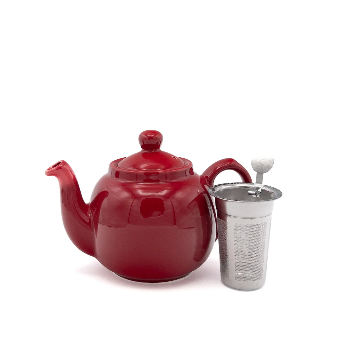 Red teapot with a stainless steel strainer basket on a white background