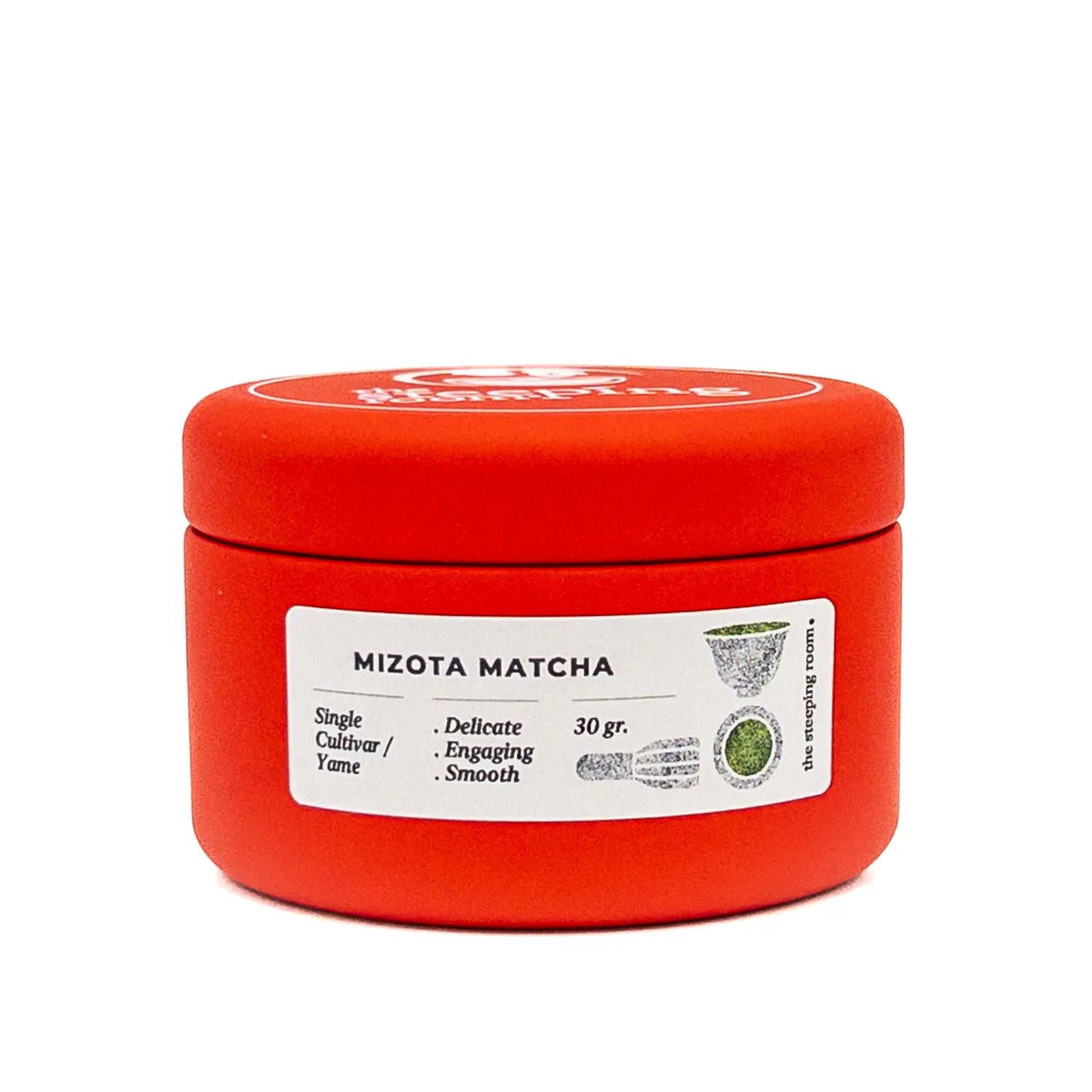Red container of Mizota Matcha with a label on a white background